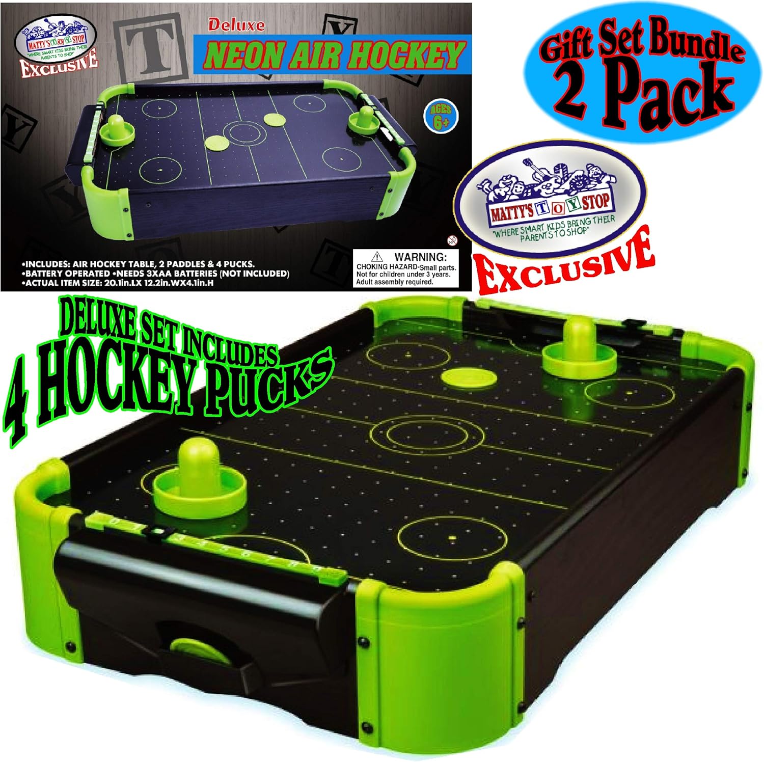 Matty's Toy Stop Deluxe Wooden Mini Tabletop NEON Air Hockey (Extra Pucks) & NEON Foosball (Soccer) (Extra Balls) Games Gift Set Bundle - 2 Pack Pack of 2
