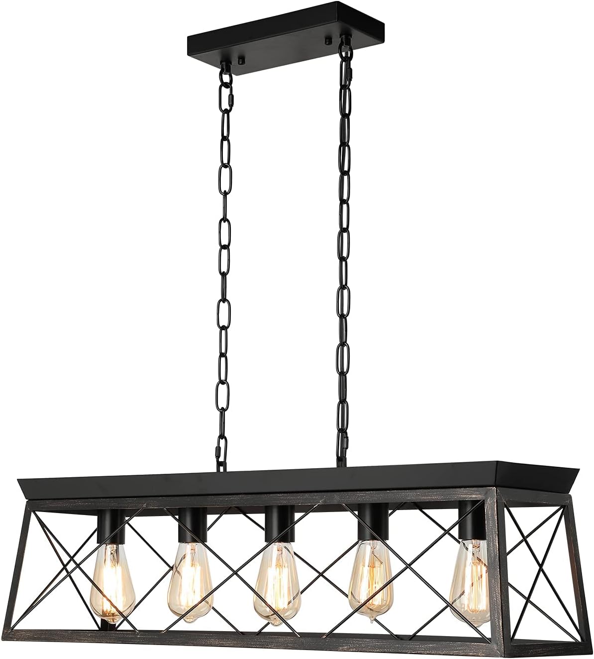 LABOREDUCER Farmhouse Kitchen Island Lighting, 5-Light Industrial Rectangular Chandelier, Antique Linear Pendant Light Fixture for Dining Room Living Room Kitchen(Black and Brush Gold)