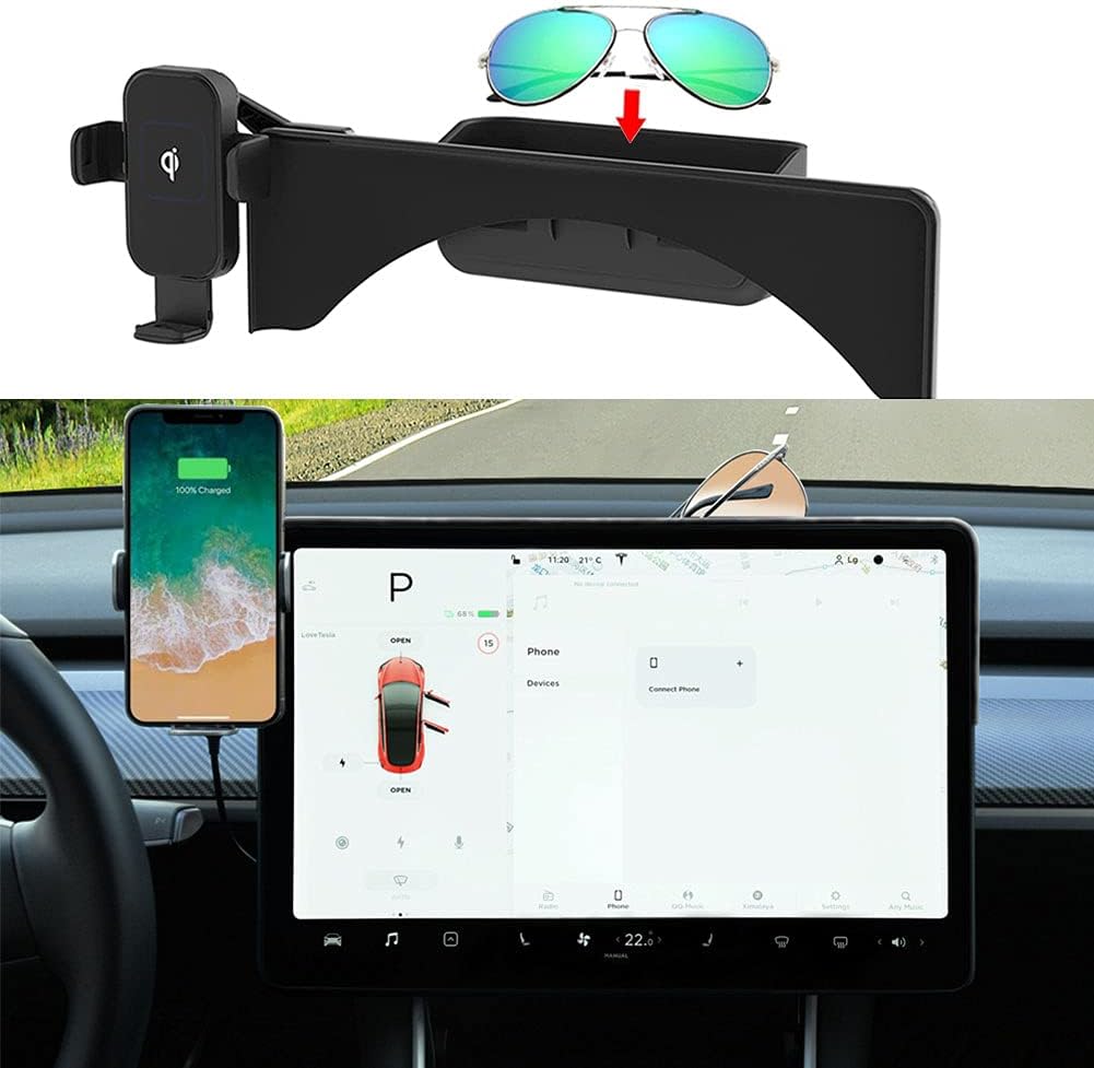Tesla Model 3 Model Y Phone Holder with Wireless Charging & Glasses Holder Pack of 2