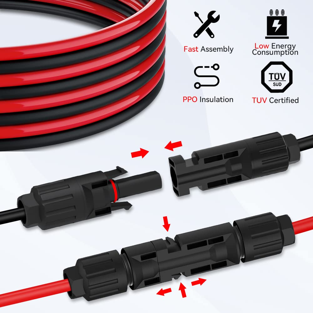 ELECTOP Solar Extension Cable Wire 10 Feet, 10AWG Solar Panel Cable with Weatherproof Female and Male Connector Adapter Kit for Solar Generator House Boat RV(10FT Red + 10FT Black) Pack of 2