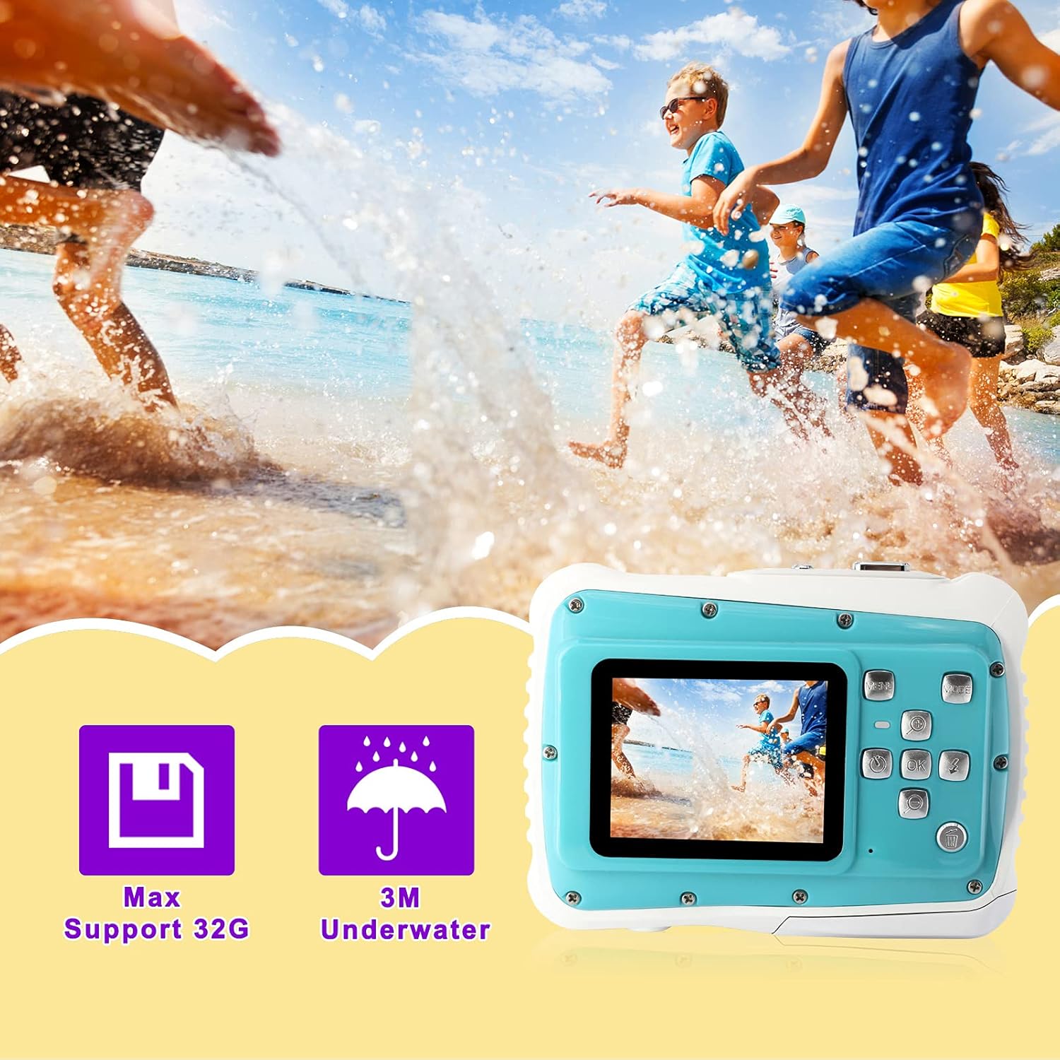 YEEIN Waterproof Kids Camera Digital Kids Camera 21MP HD 3M Underwater Digital Childrens Cameras 2.0 Inch LCD Display Include 32G SD Card Best Gift for Children (Blue) Pack of 2