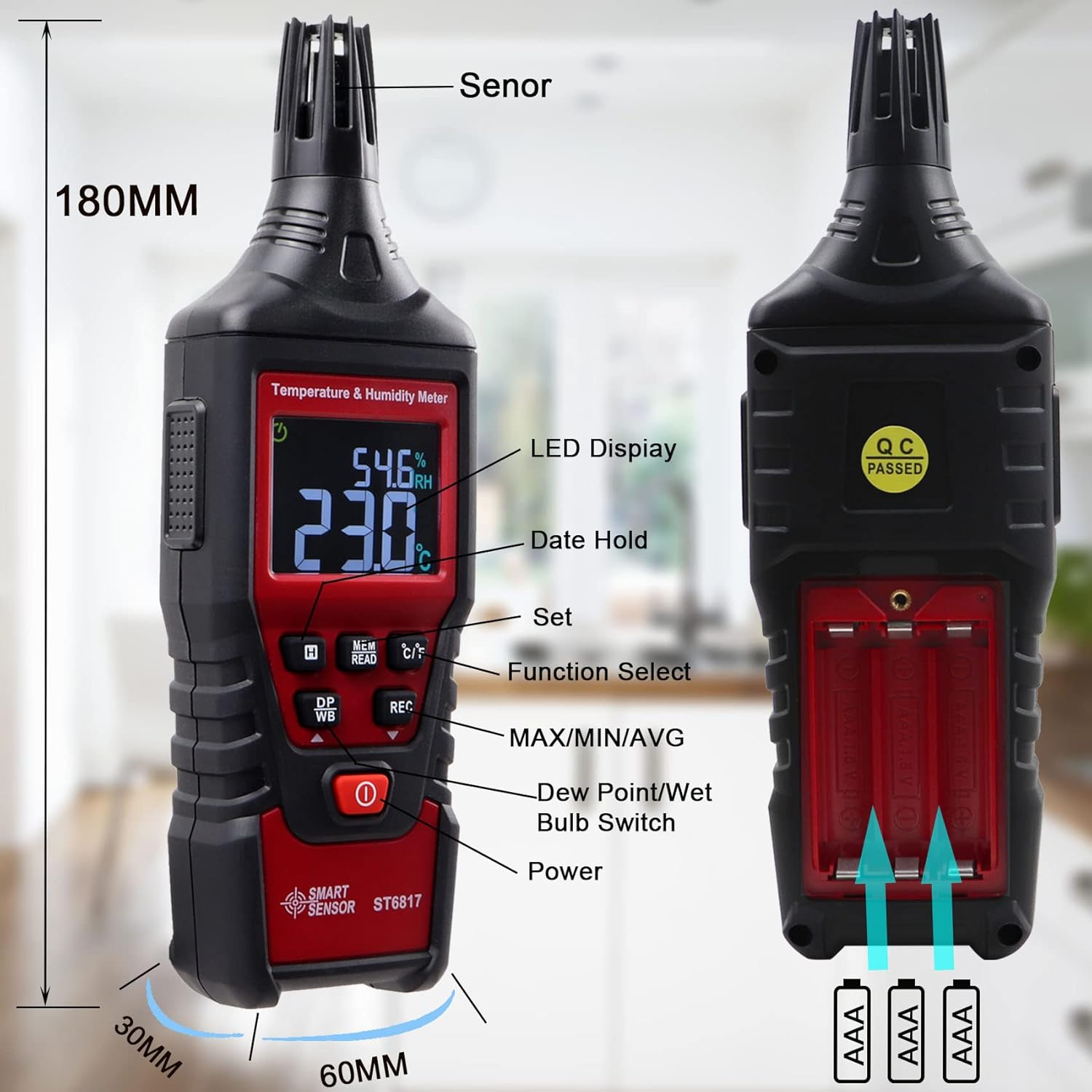 Lunarlipes ST6817 Thermometer Hygrometer, Digital Temperature Humidity Meter, Handheld Thermometer Hygrometer with Ambient, Dew Point, Wet Bulb for Outdoor and Indoor, Max/Min Hold, LCD Backlight