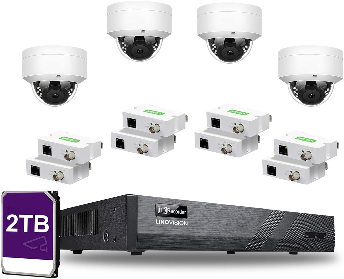 LINOVISION NDAA Compliant 8CH 4K IP Security Camera System with (4) Pairs POE IP Over Coax Converters, (4) 5MP POE IP Dome Cameras, Upgrade Analog Camera System Without Replacing RG59 Coaxial Cable