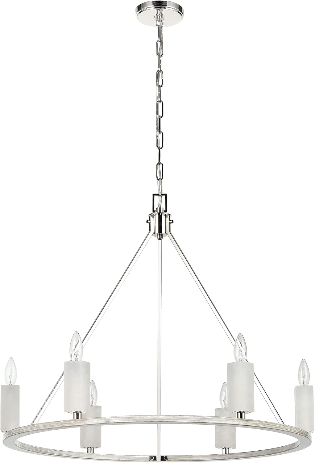 White Stone 6-Light Chandelier in Polished Nickel / Sun-Bleached Oak