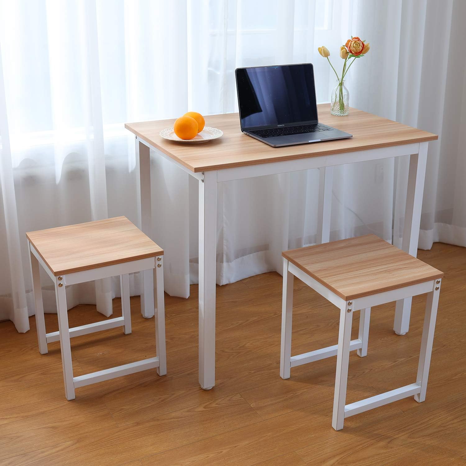 LinkRomat 3 Pieces Dining Set Table with 2 stools, Kitchen Dining Room Furniture for 2, Modern Style Compact Metal Frame Breakfast Nook Home (Beige)