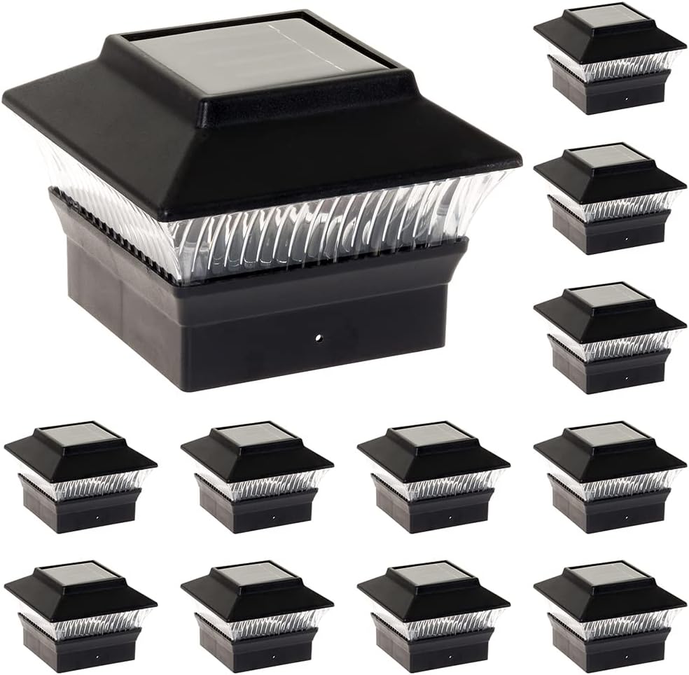 GreenLighting Standard #1 Solar Powered LED Post Cap Light for 4x4 or 5x5 PVC and Vinyl Posts (12 Pack, Black)