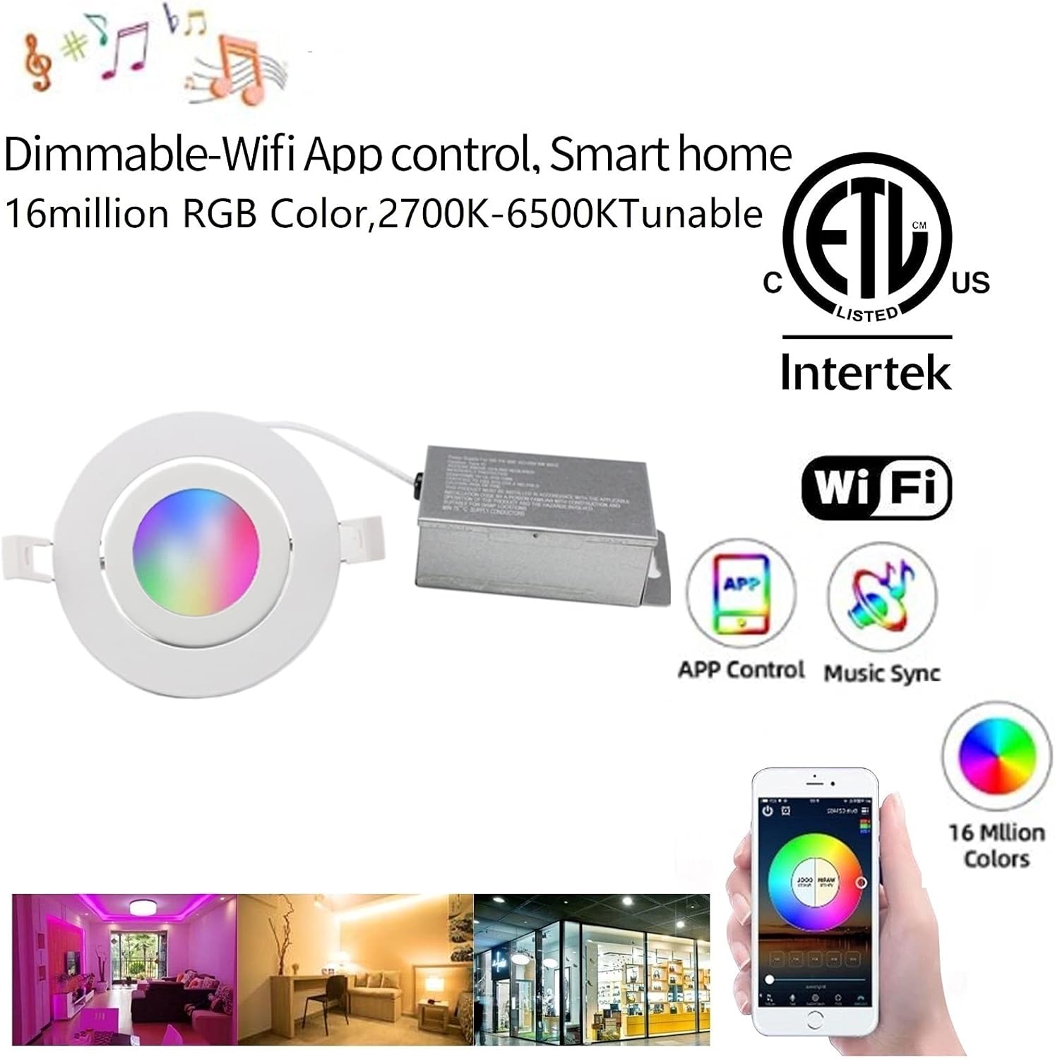 WIFZIG Smart recessed lighting,4Inch Adjustable Color changing Recessed LED lights with J Box,16Million2700K-6500KCompatible with Alexa and Google Assistant/No Can Required,9W,ETL Listed (4Pack-RGBCW)