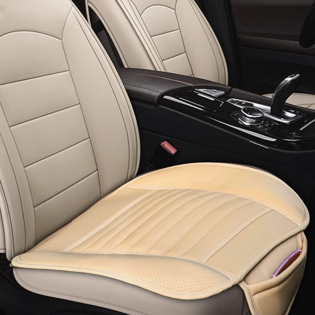 TIROL Car Front Seat Cushion Anti-Slip Beige Auto Seat Protection PU Leather Seat Cover Cushion Pad for Auto Supplies Car Interior Accessories