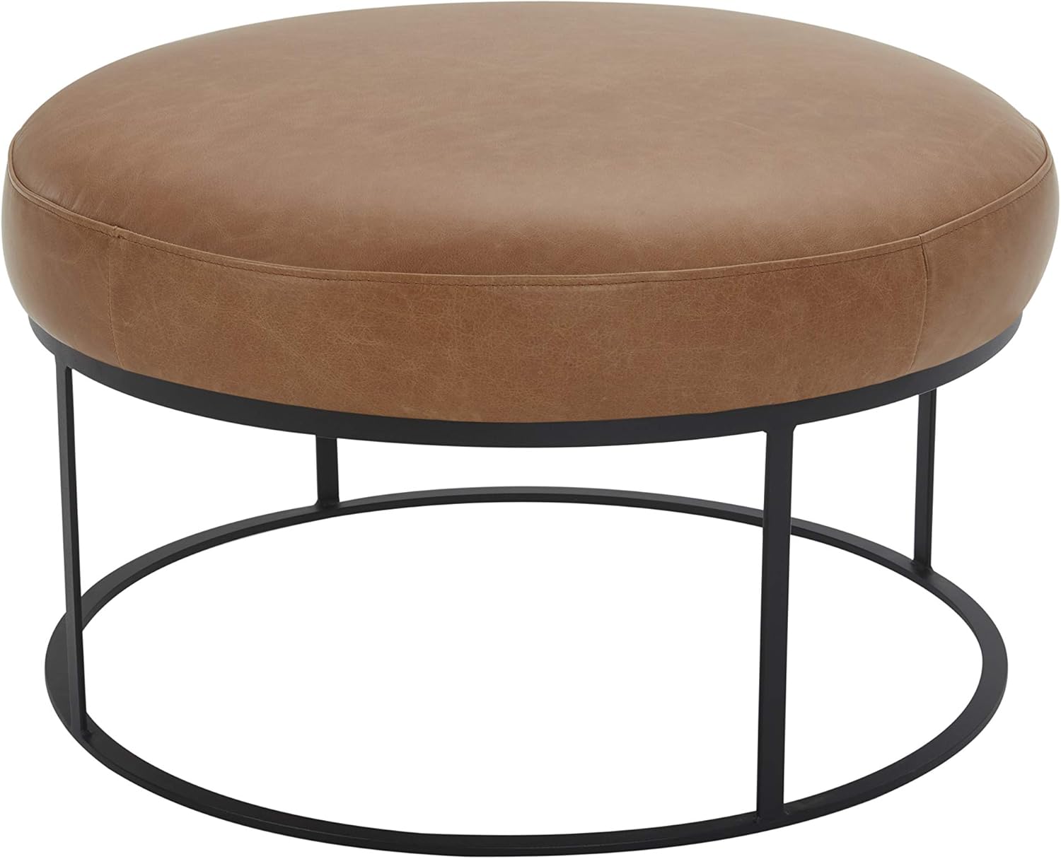 Amazon Brand – Rivet Revere Round Leather Iron-Framed Ottoman, 30.3