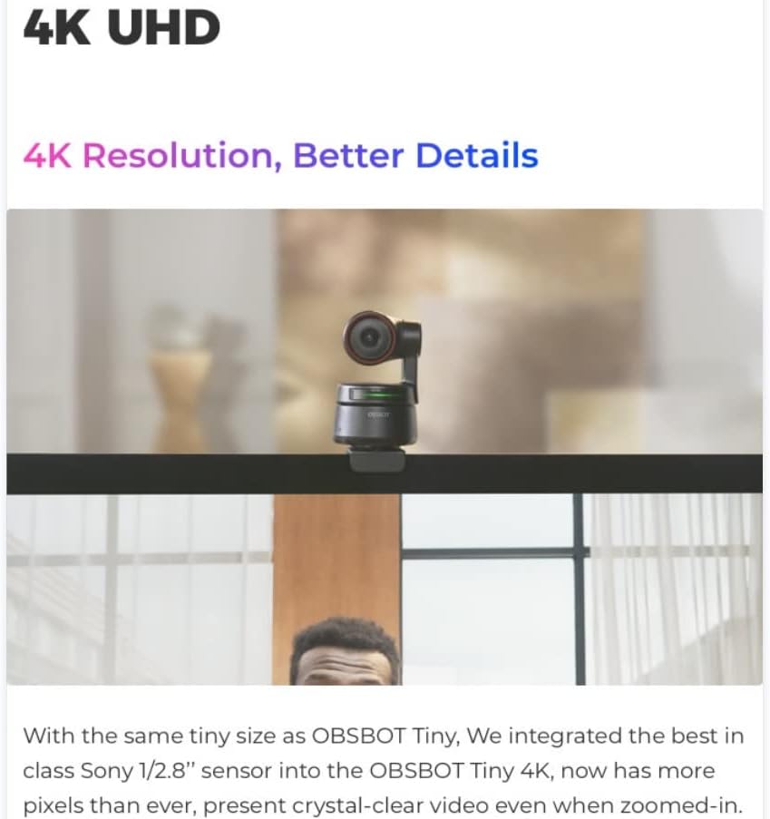 OBSBOT Tiny 4K PTZ Webcam, 4K Resolution AI-Powered AI-Tracking Auto-Framing Gesture Control HDR Webcam with 4X Zoom for for Video Chat Online Meeting Online Class Live Streaming
