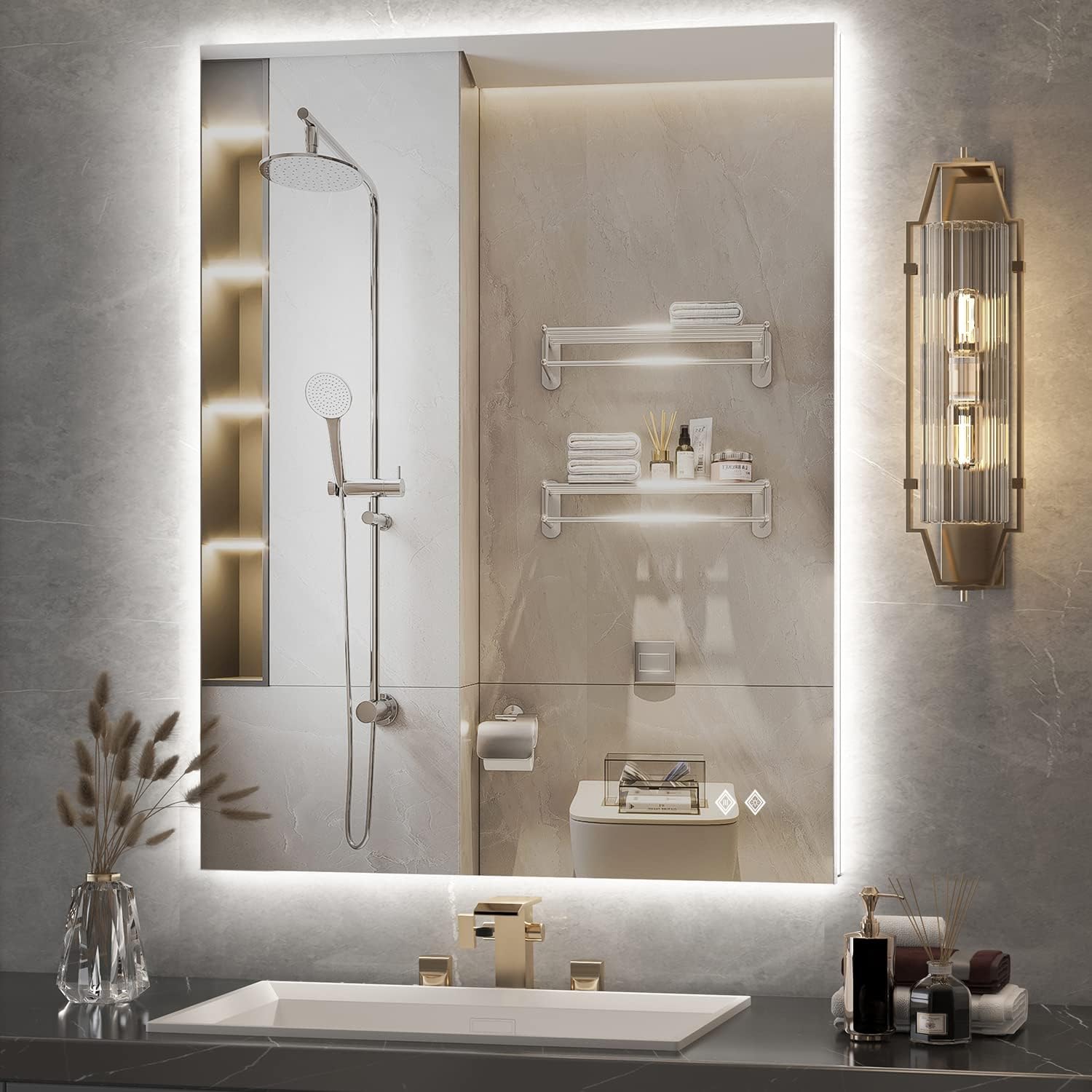 VanPokins 36x28 Inch LED Backlit Mirror,150% Strengthen Anti-Fog LED Mirror,6000K Dimmale CRI 90+ Waterproof Wall Mounted Bathroom Mirror with Light(Horizontal/Vertical)