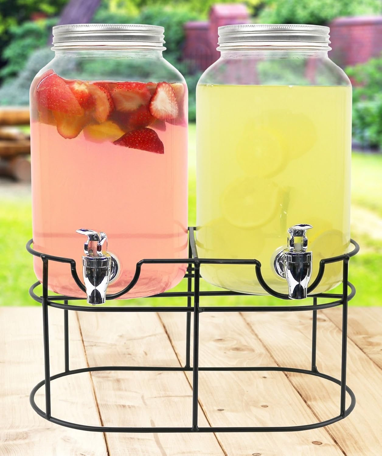 Estilo 1 gallon Glass Mason Jar Double Beverage Drink Dispenser On Metal Stand With Leak Free Spigot Pack of 2