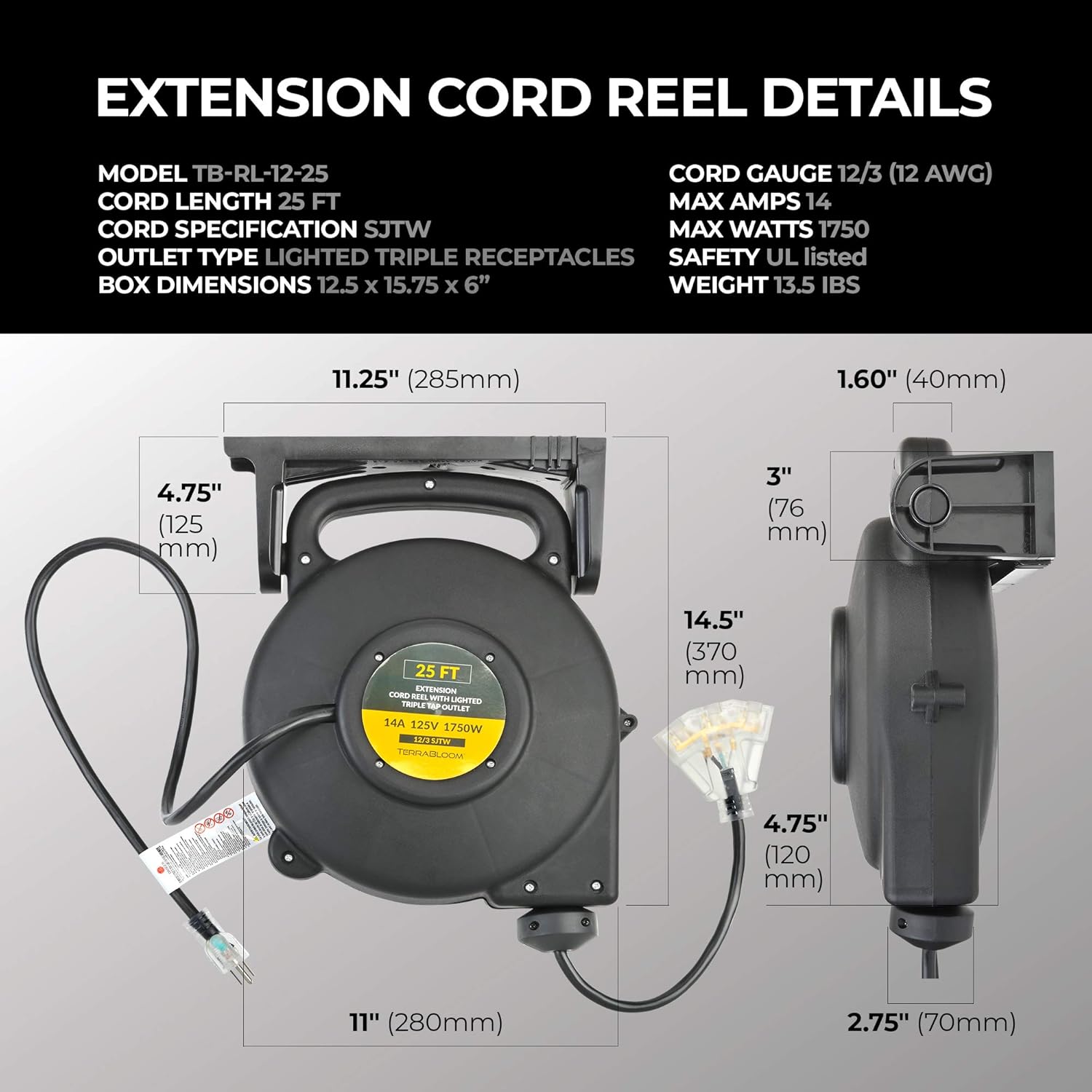 TerraBloom 25 Ft 12/3 Retractable Extension Cord Reel - 2 in 1 Mountable & Portable Power Cord Reel with 3 Electrical Outlets - SJTW Heavy Duty Black Case and Black Cable with Lighted Power Block