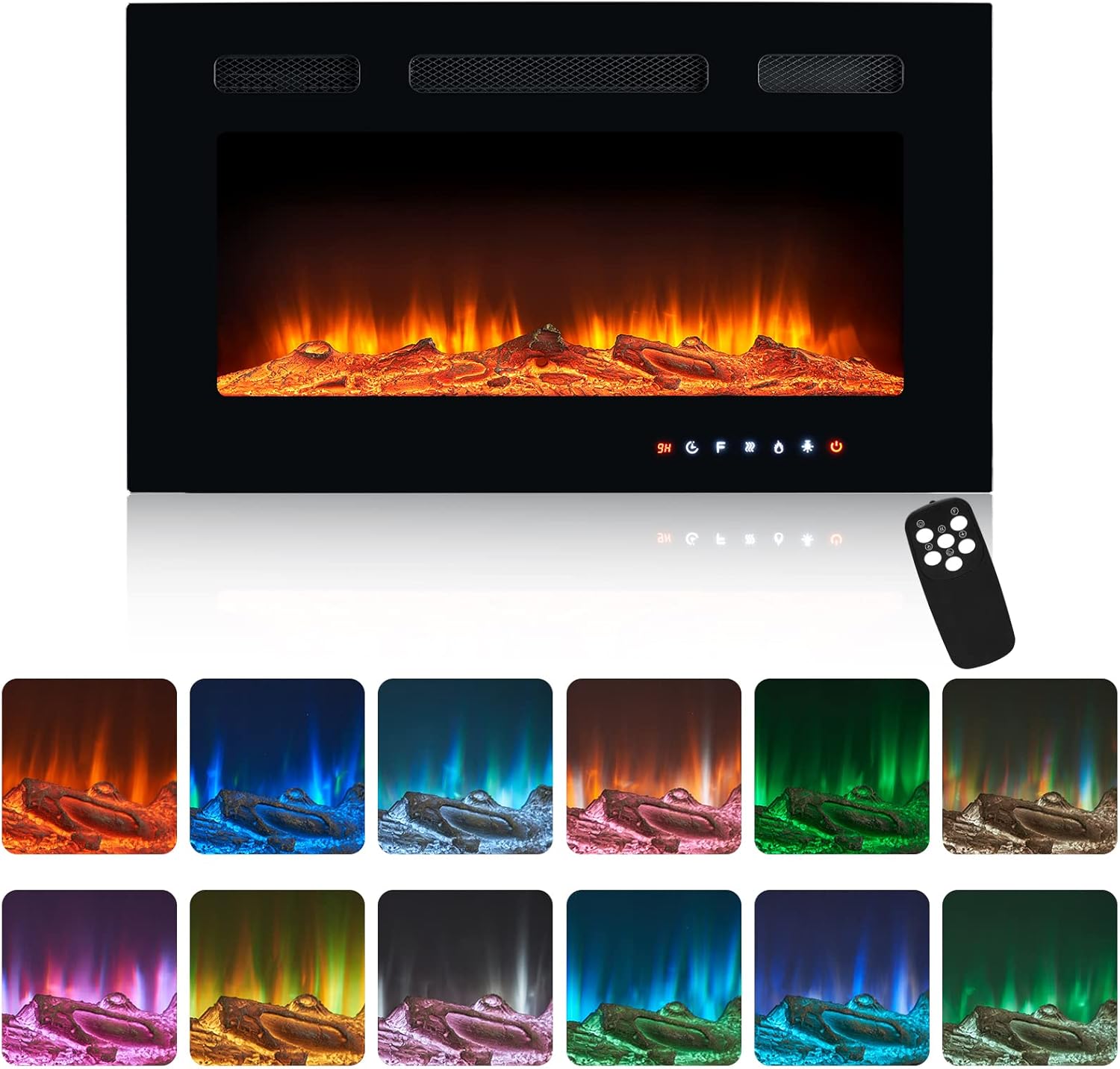 oneinmil Electric Fireplace, 30 Inches Recessed and Wall-Mounted Electric Fireplace, 1500W/750W Fireplace Heater with 12 Color Flames - Touch Screen/Remote Control - Log & Crystal Stone Optional