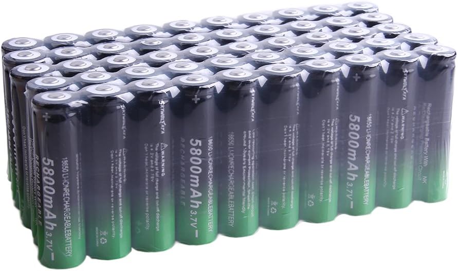 50 Pack Lithium Battery Rechargeable 5800mAh 20A 3.7V ICR Li-ion Batteries Button Top Rechargeable Battery for Camera LED Flashlights Headlight RC Cars, 18 x 65 mm, Green Pack of 2