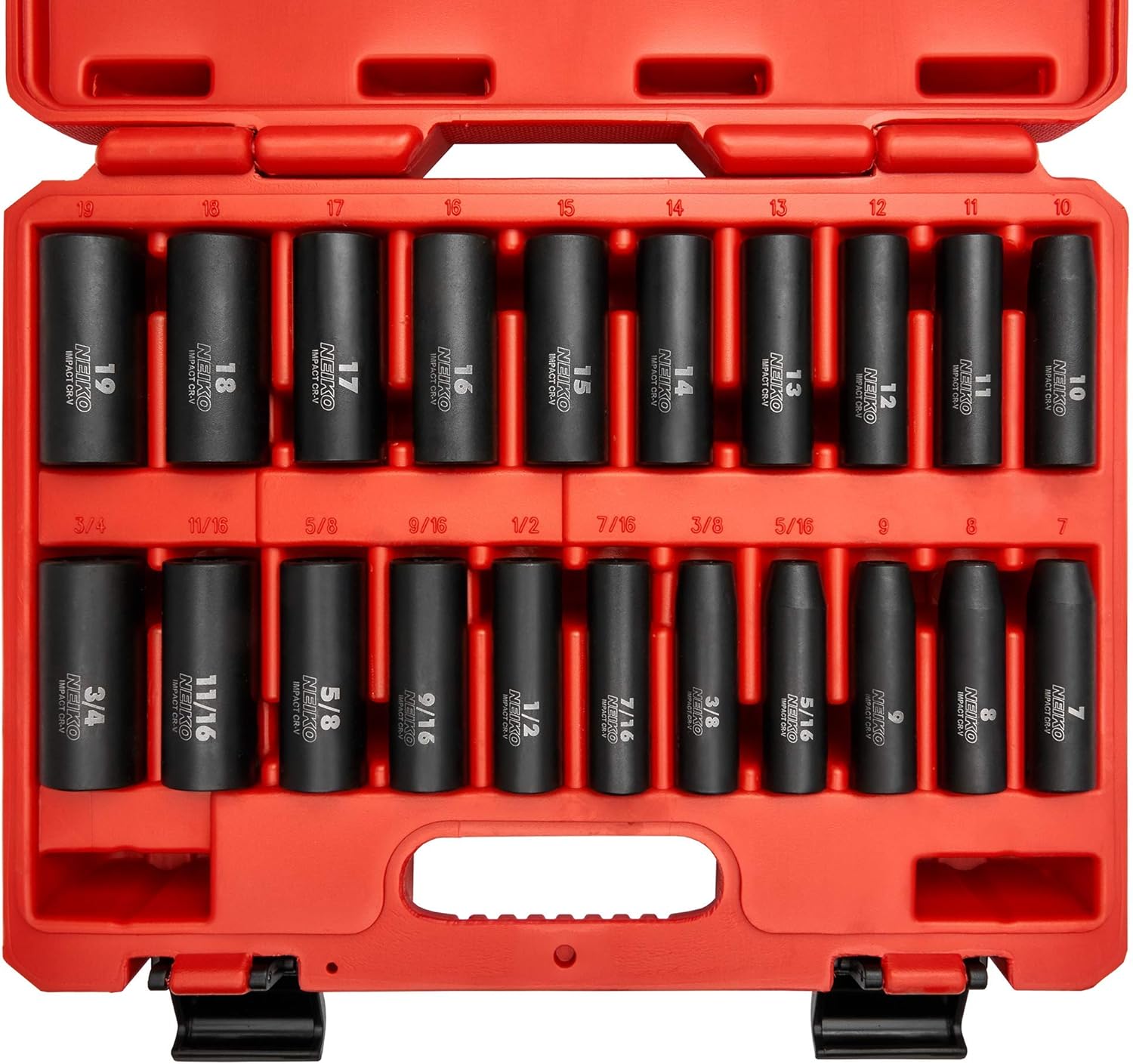 NEIKO 02431A 3/8&rdquo; Drive SAE and Metric Deep Impact Socket Set | 21 Pieces | SAE 5/16&rdquo; to 3/4&rdquo; | Metric 7mm to 19mm | Premium Cr-V Steel | 6-Point Hex Design | Corrosion Resistant Coating