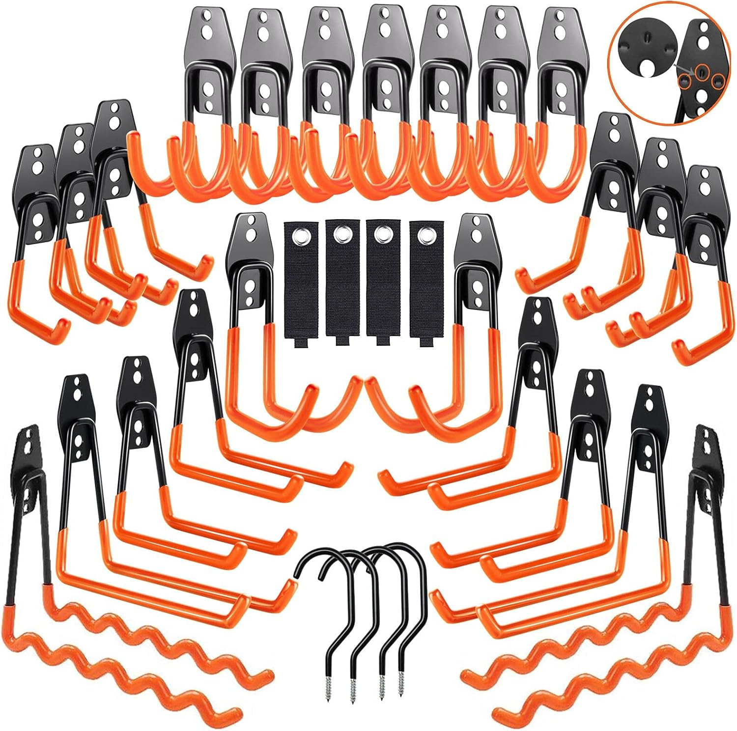 3-H Garage Hooks, 31PC Heavy Duty Garage Hanger Organizer, Double Wall Garage Storage Hooks for Power Tool,Garden,Bicycle,Ladder (23 Hooks & 4 hoder Strap&4 Bike Hooks)-Orange Pack of 2
