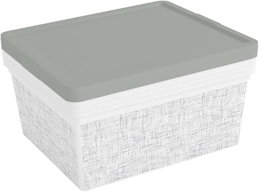 Curver Set of 4 M C Decorative Plastic Organization and Storage Box, 10.3L / 10.9 QT, White with Tweed Pattern Pack of 2