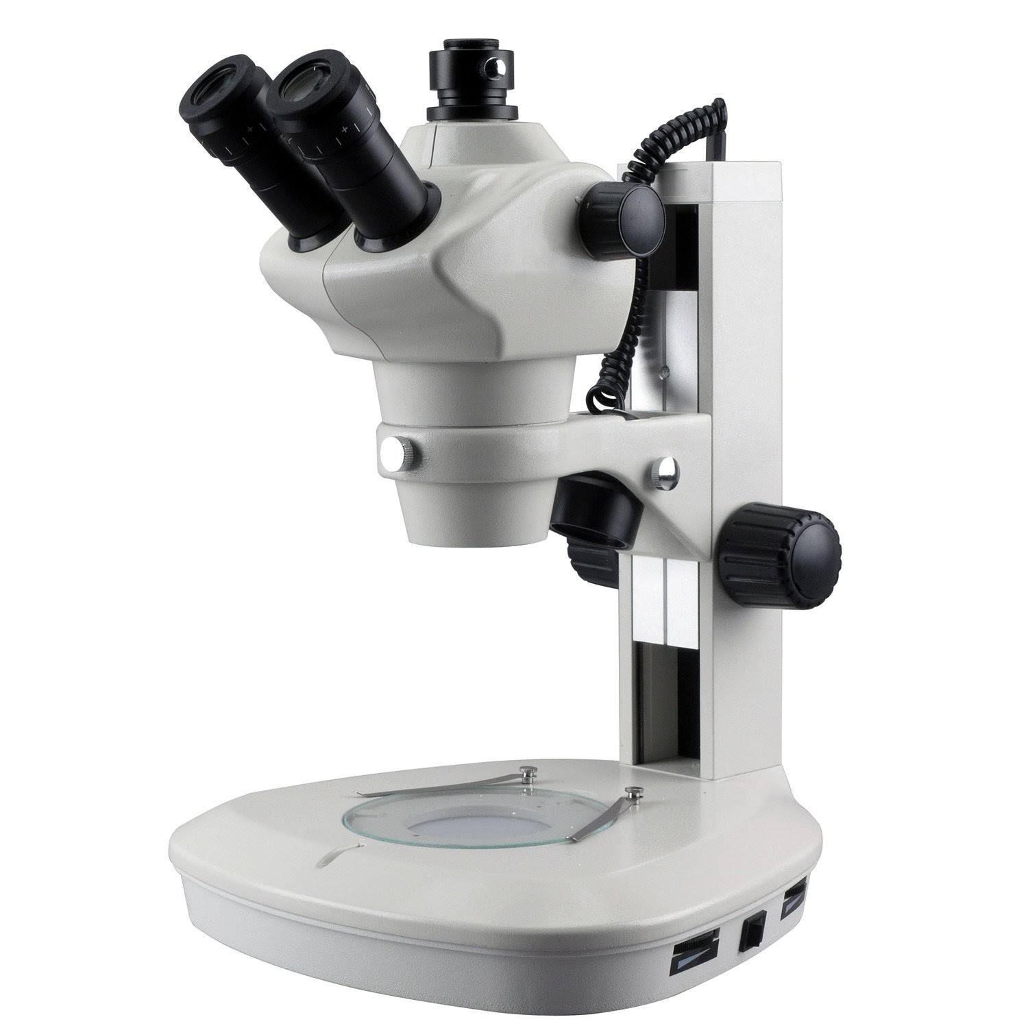 Amscope 8X-50X Track Stand Stereo Zoom Parfocal Trinocular Microscope W Top u0026 Bottom LED Lights New