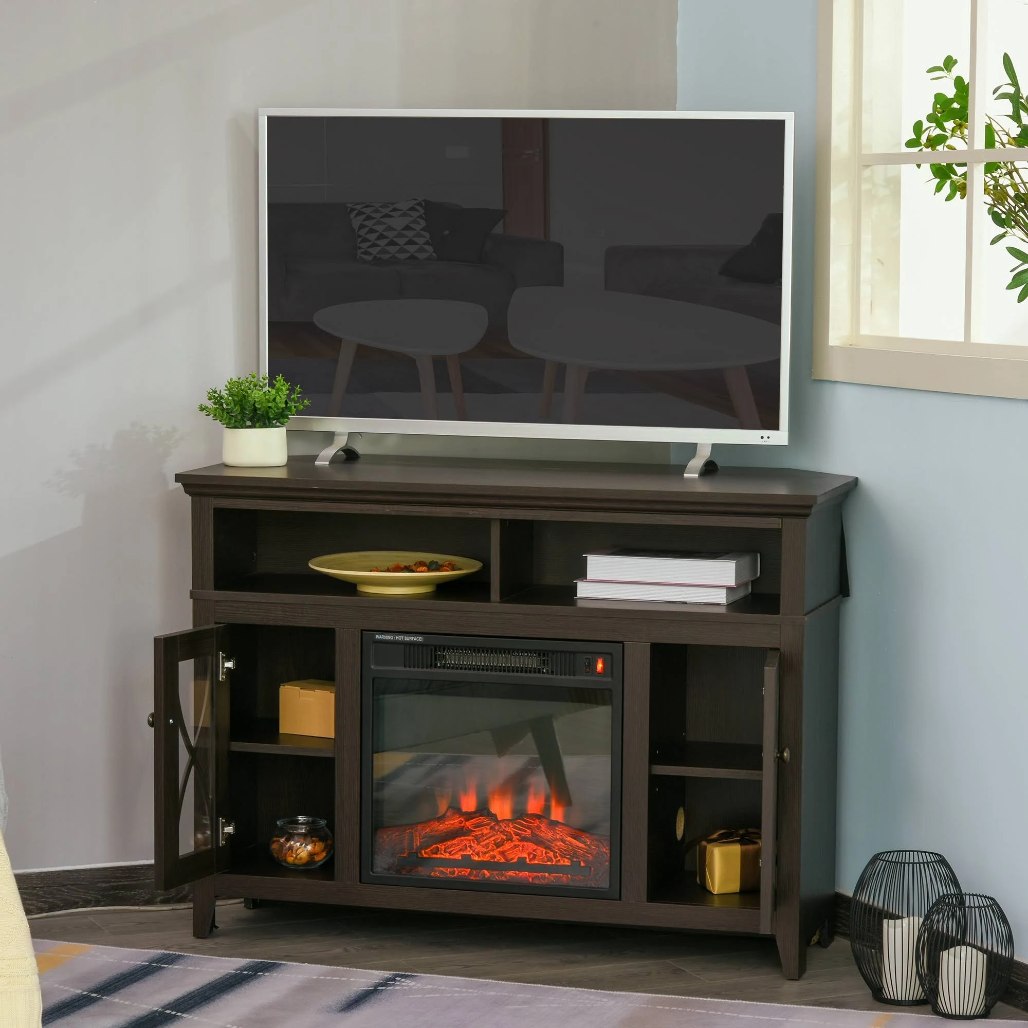 HOMCOM 2-in-1 Wood Corner TV Stand with Media Center Console and Electric Fireplace, LED Flame, Fits 55x22 TV - Dark Coffee