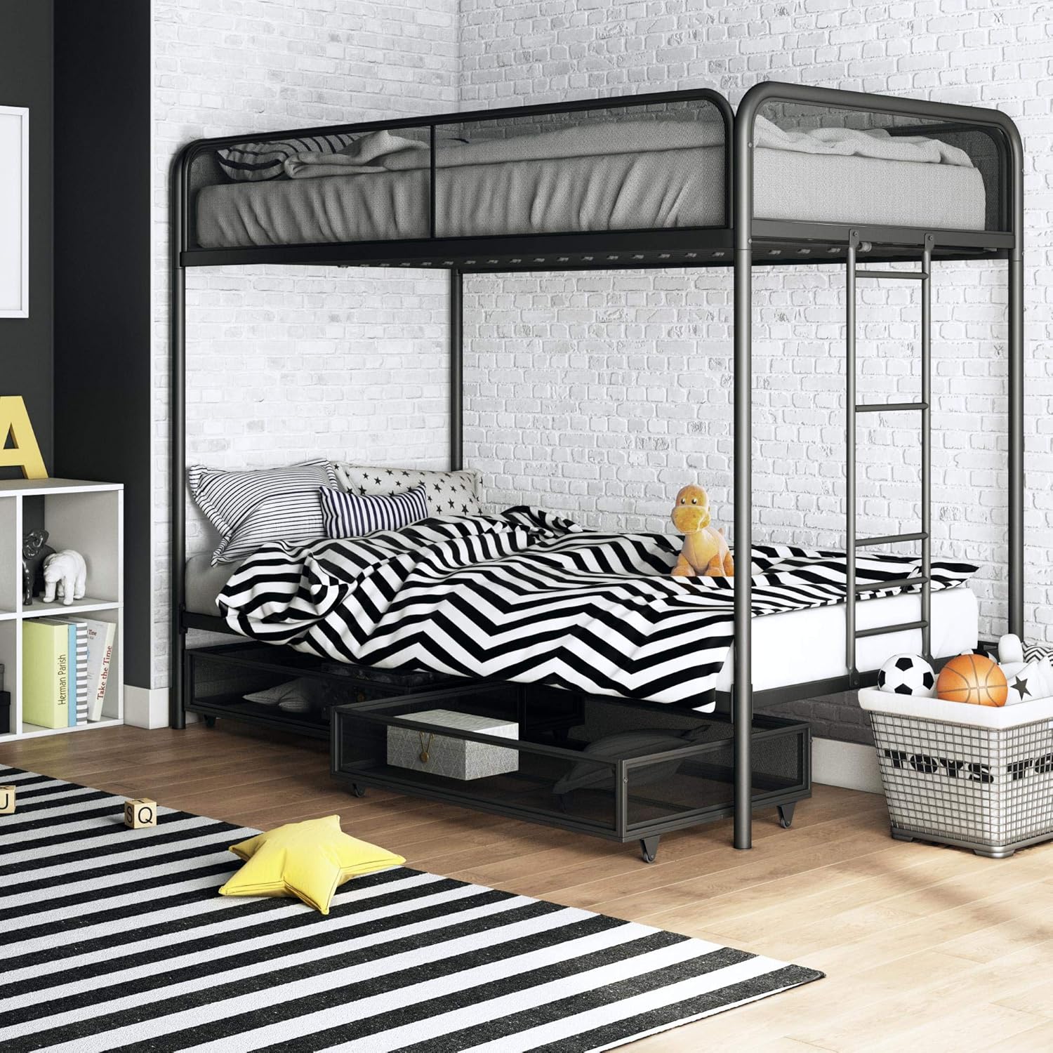 DHP Joslin Metal Bunk Bed with Storage Drawers, Black, Twin Over Twin