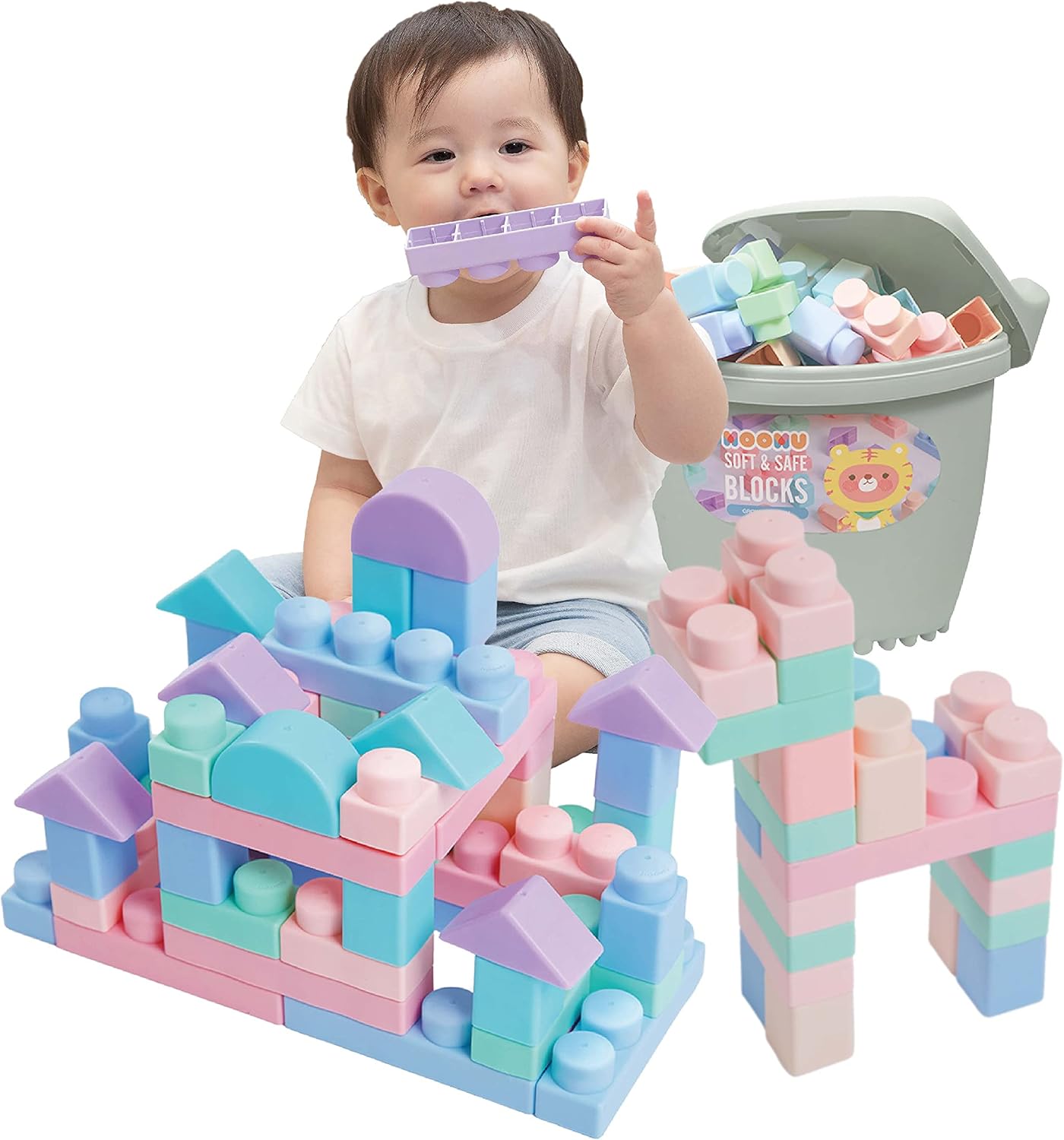 MOOMU Soft Building Blocks Set for Toddlers, Baby Ages 6 Month Old and up, Safe Chewing, Learning Stacking Block Toys, Non Wooden Gift for Kids Girl / Boys, 120 Pieces with Storage Chair - Blue Gray