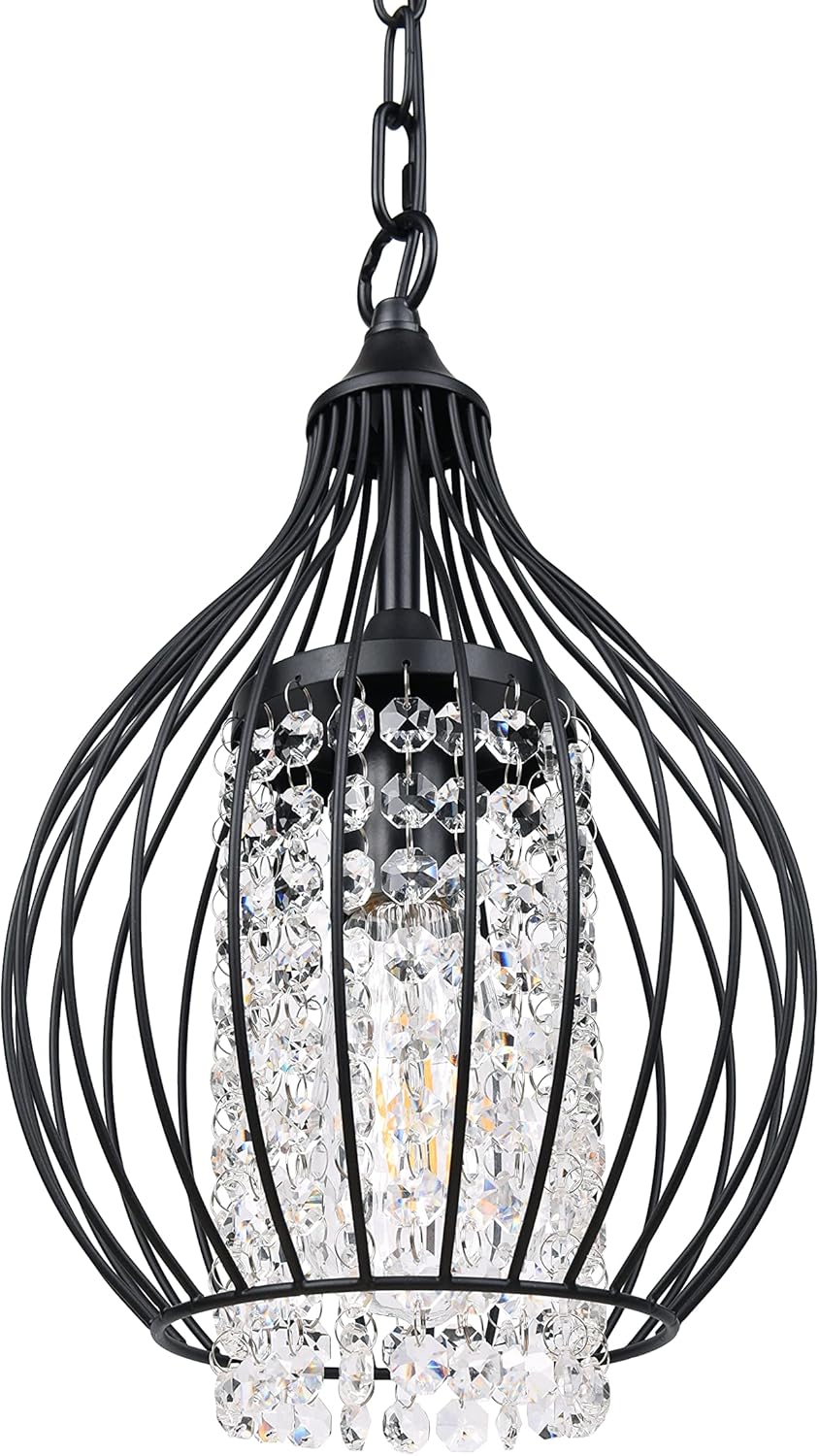 Black Modern Sparkling Crystal Chandelier Mini Farmhouse Chandelier with Black Wire Cage Light Fixture Adjustable Island Pendant Light for Kitchen Living & Dining Room Entryway 1 Pack
