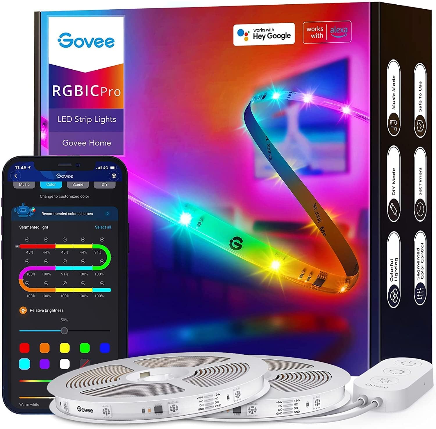 Govee 65.6ft RGBIC LED Strip Lights for Bedroom, Smart LED Strip Lights Alexa Compatible, DIY Multiple Colors on One Line, Color Changing LED Lights Music Sync, WiFi App Control, 2 Rolls of 32.8ft Pack of 2