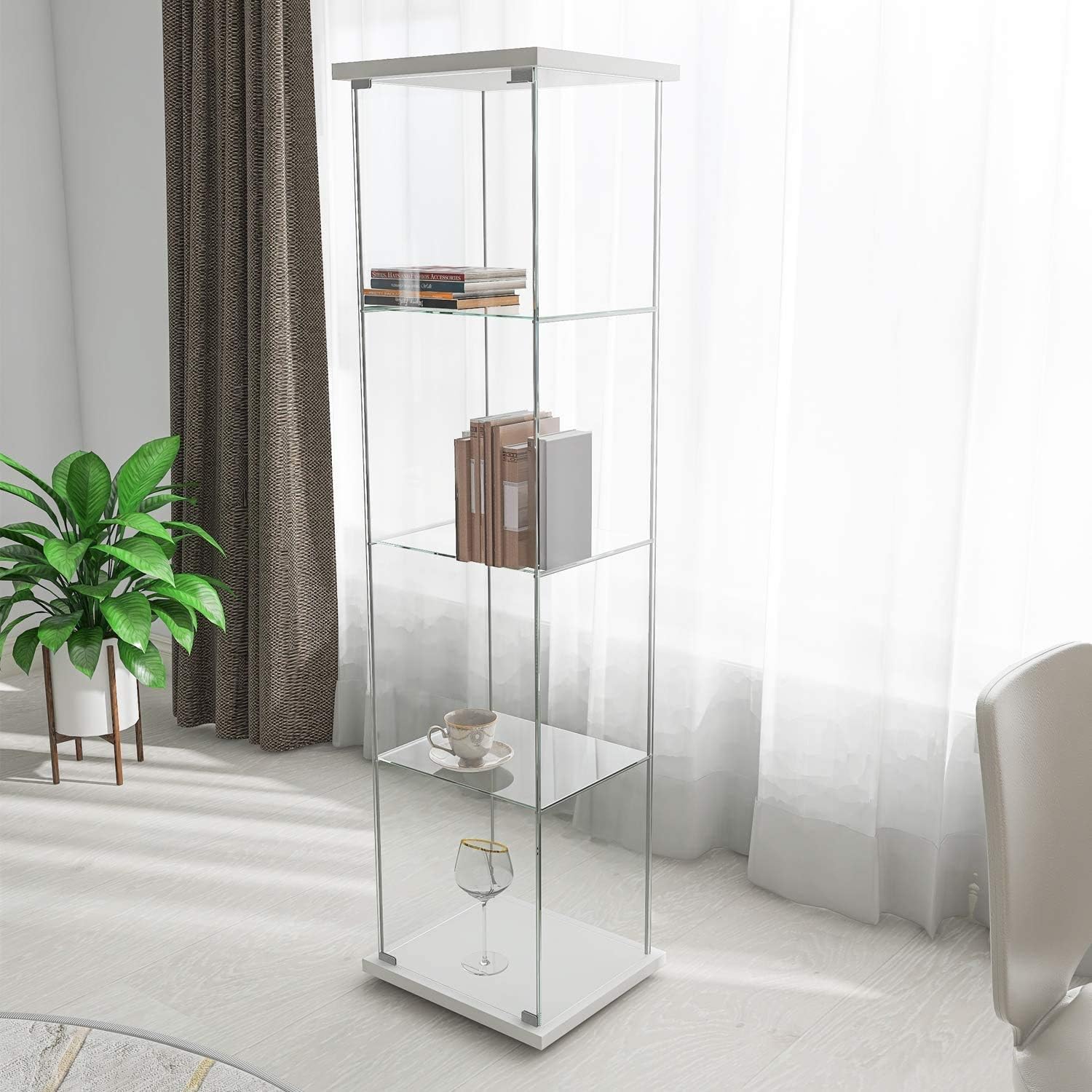 WEVIVU Glass-Door Cabinet Display 4 Shelf Glass Curio Cabinet Floor Standing Toys Display Case, 17”L x 14.5”W x 64”H, Available in Wood/Black/White Color
