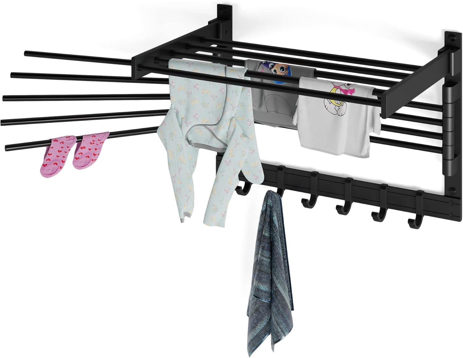 BGT Wash Clothes Drying Rack Wall Mount Laundry Room Organizer with Hooks & Swing Arms, 17