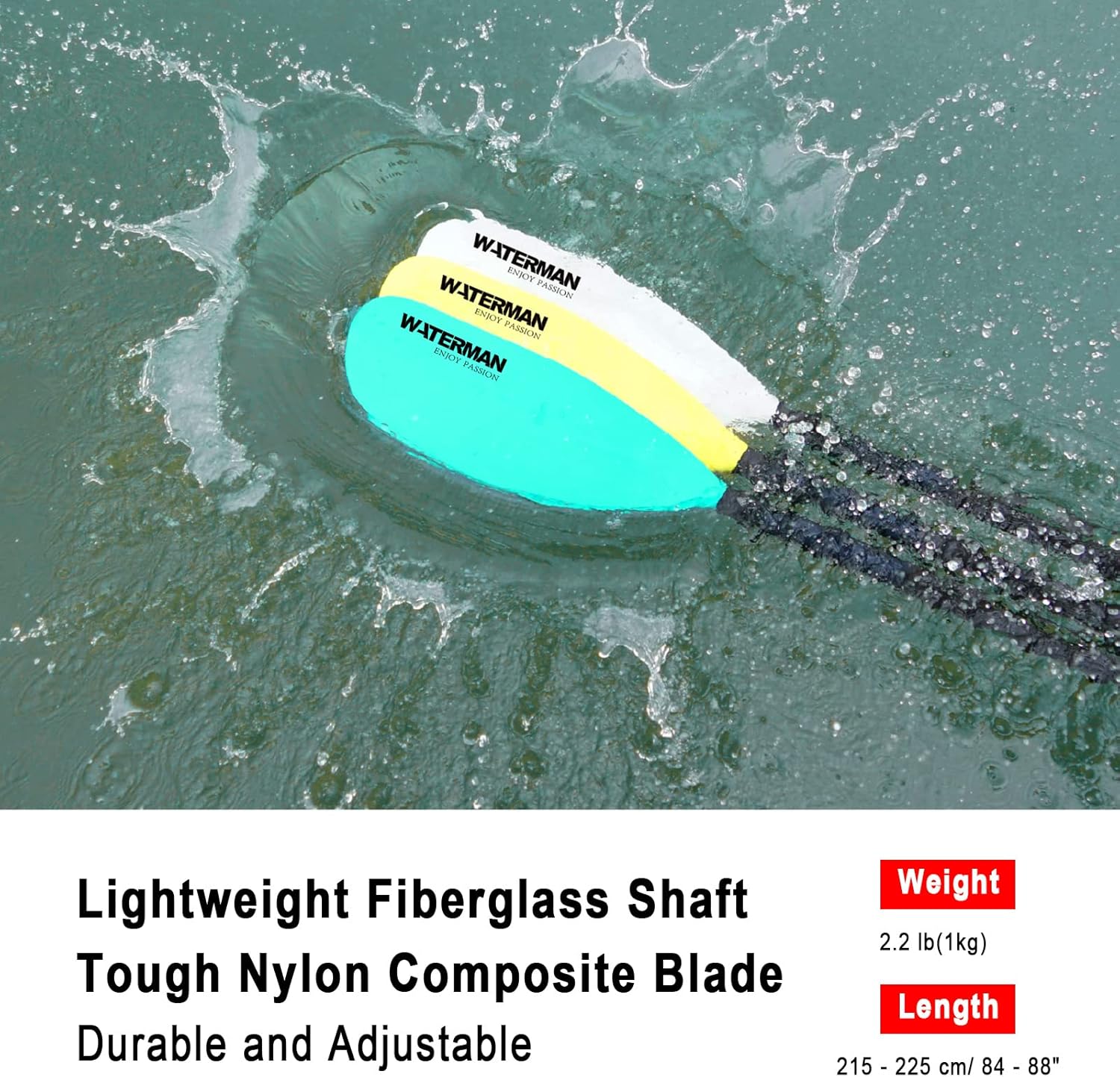 WONITAGO Kayak Paddle Premium Fiberglass Shafts with Reinforced Nylon Blades, Floating Oars for Kayaks, Adjustable 215-225 cm/85-90 Inches, White Pack of 2