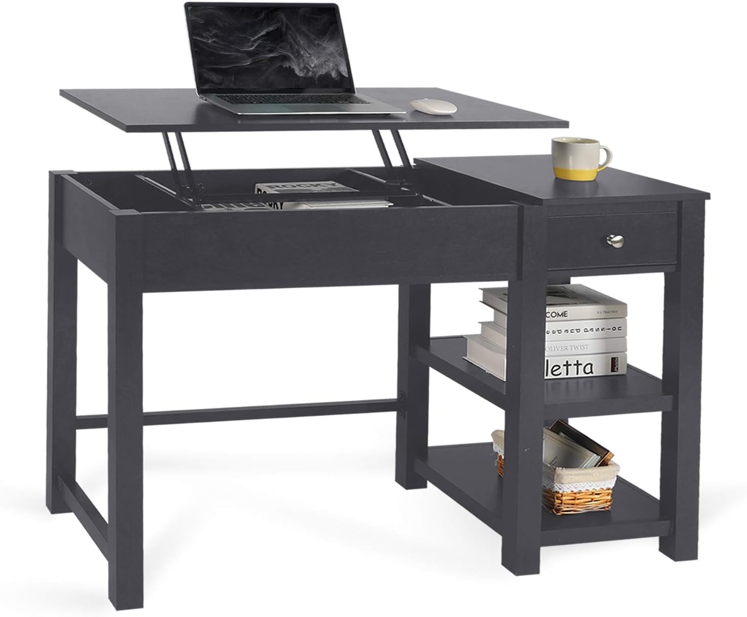 QLMUSE Lift Top Computer Desk with Drawers 47’’ Modern Writing Desk with Storage Shelves Adjustable Standing Desk Workstation for Home Office Study (Black)