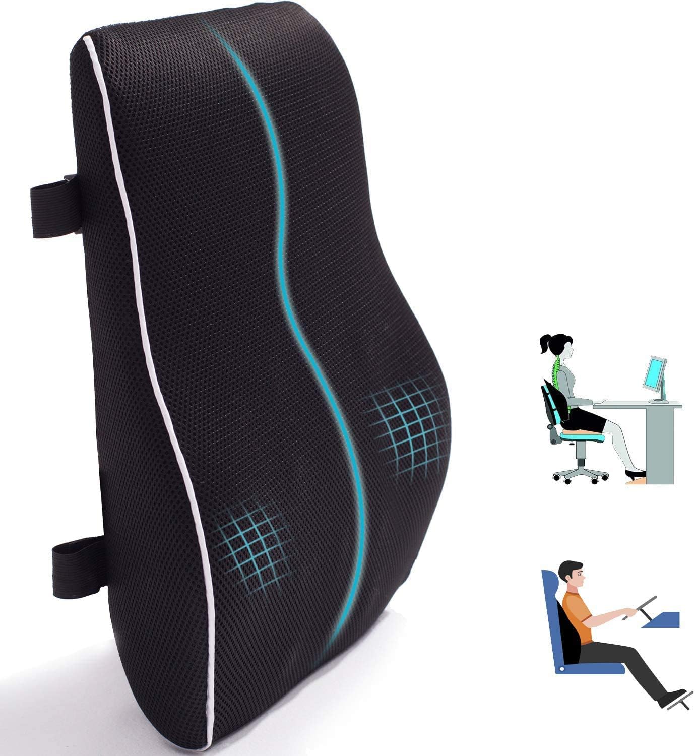 Lumbar Support Pillow for Office Chair Back Support Pillow for Car, Computer, Gaming Chair, Recliner Memory Foam Back Cushion for Back Pain Relief Improve Posture, Mesh Cover Double Adjustable Straps