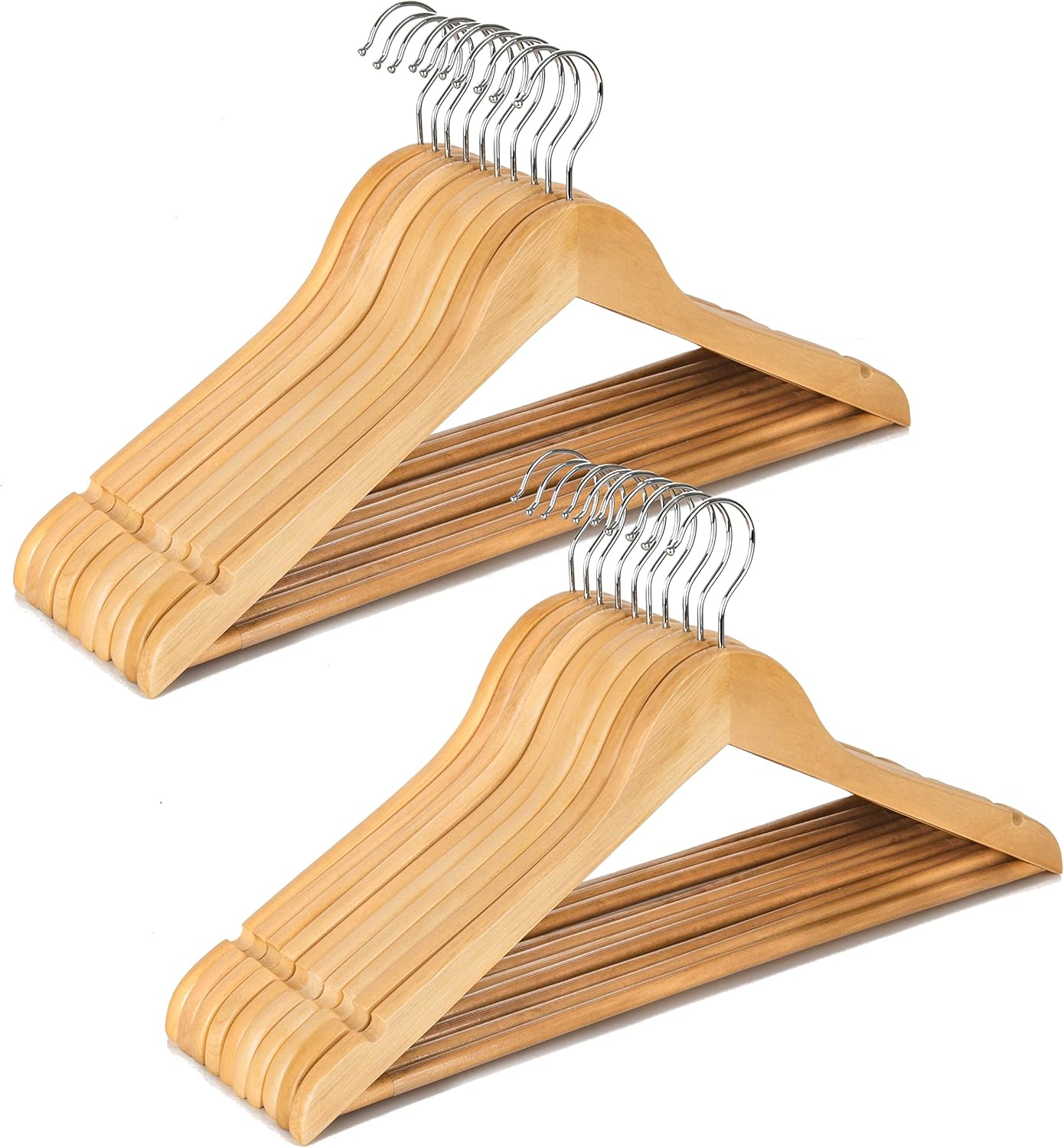 HUMIA Natural Wooden Suit Coat Hangers 30 Pack, Solid Wood Clothes Hangers with Non Slip Pants Bar, 360&deg; Swivel Hook and Precisely Cut Notches for Jacket, Pant, Shirt, Dress (Natural,30)