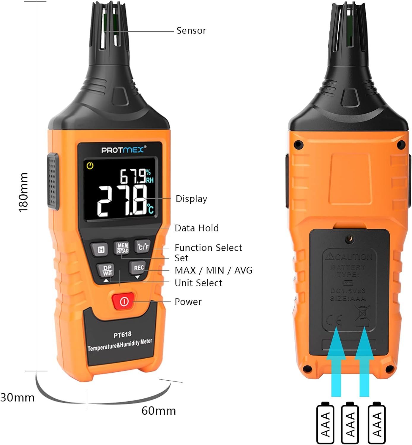 Protmex PT618 Temperature Humidity Meter Thermometer Hygrometer Thermometer Hygrometer Monitor with Ambient,Dew Point, Wet Bulb for Indoor/Outdoor min max Hold LCD Backlight