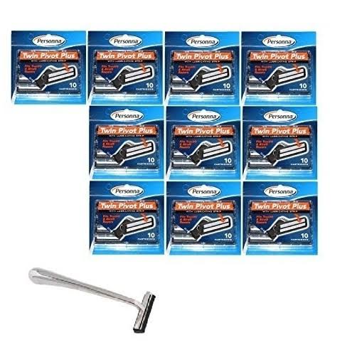Trac II Chrome Handle + Personna Twin Pivot Plus Razor Cartridges w/ Lubricating Strip for Atra u0026 Trac II Razors 10 Ct. (Pac