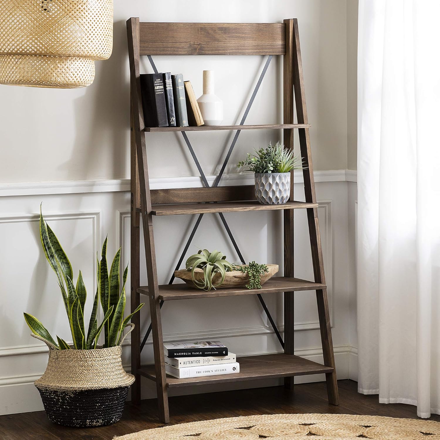 Walker Edison X Back Modern Farmhouse Wood Bookcase Bookshelf Home Office Living Room Storage, 4 Shelves, Brown