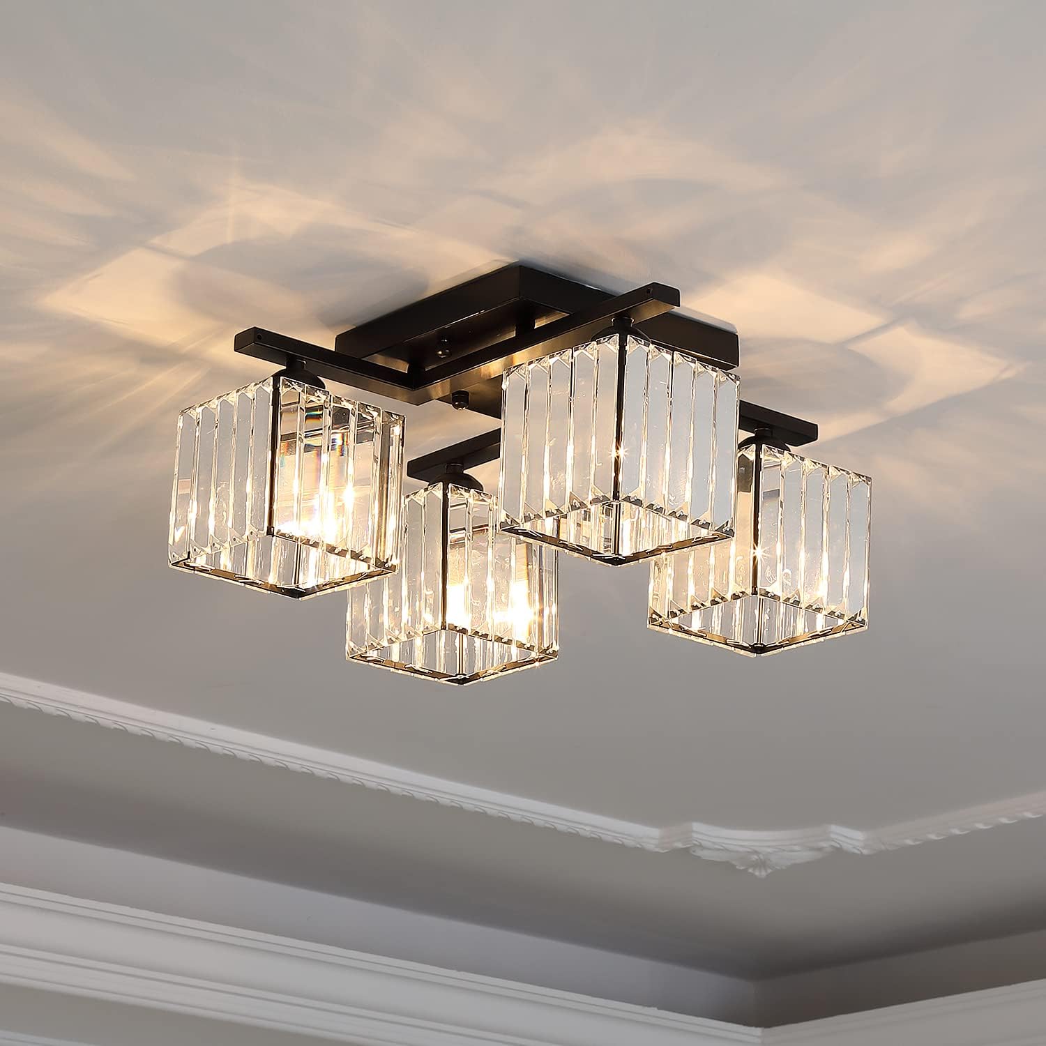 SUMGREEN Modern Crystal Chandelier Ceiling Lights，with Light Source Fixtures Crystals for Pendant Bedroom Dining Room Living Room Kitchen Island fit Maximum 20 Square Meters of Space (4 Light(B))