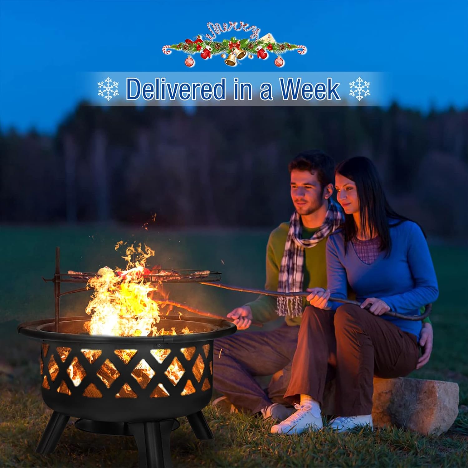 2 in 1 Fire Pit with Cooking Grate 30'' Wood Burning Firepit Outdoor Fire Pits Steel Firepit Bowl Outside with Swivel BBQ Grill, Spark Screen, Poker for Backyard Garden Bonfire Patio