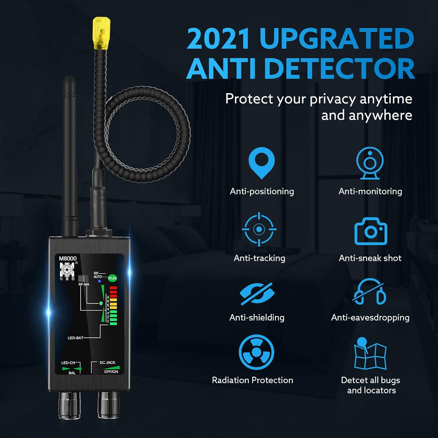 Anti Spy Detector,Bug Detector,M8000 RF Signal Detector Anti Tracking Strong Magnetic Detector for Wireless Audio Bug Camera Detector Finder with Extra Mini Anti Spy Camera, 2021 Upgraded Version