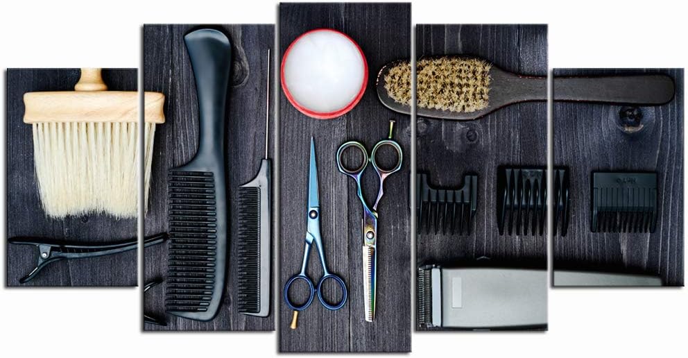 LevvArts - Large 5 Pieces Modern Canvas Painting Wall Art Hair Cutting Tools on Wooden Background Picture Giclee Artwork Scissors Poster Stretched for Barbershop Decor