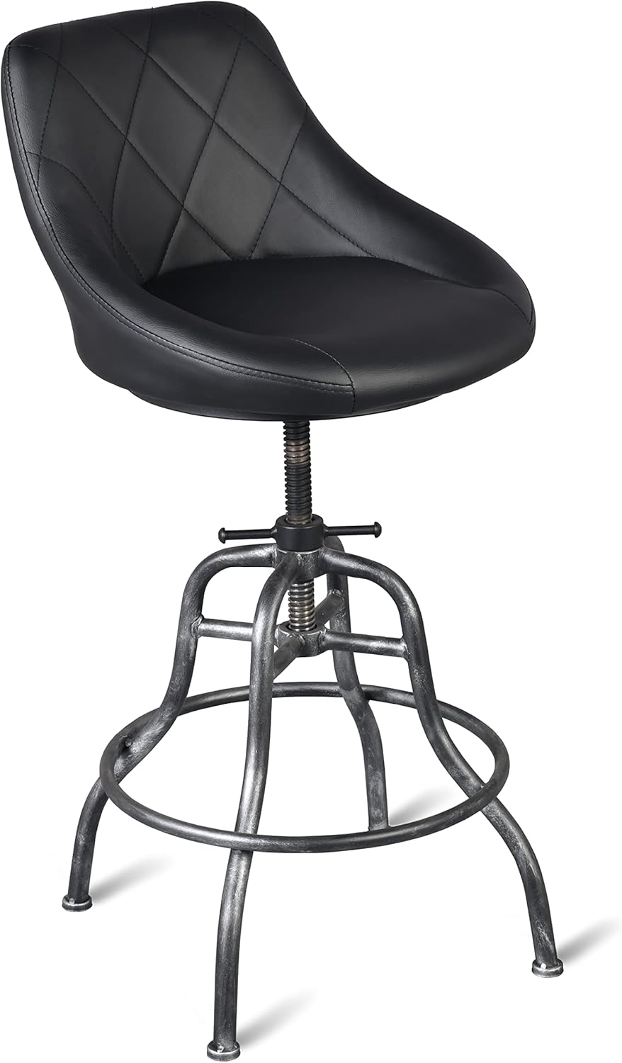 FUBIRUO Industrial PU Round Bar Stool with Back Rest Metal Counter Height Adjustable Swivel Pub Chair Home Kitchen Bar stools with Footrest 22.45-27.2 Inch Silver