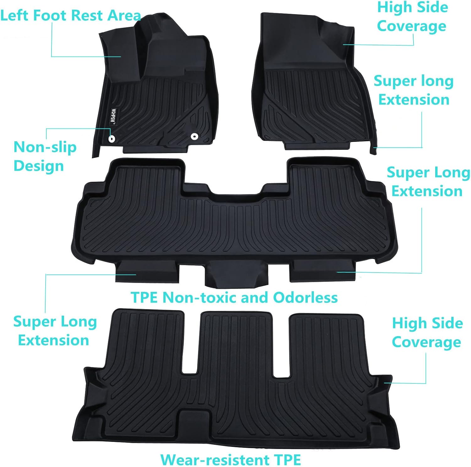 WQHPSM Car Floor Mats Custom Fit for 2014-2019 Toyota Highlander 7 Seats,All Weather Guard Floor Mats Floor Liners, TPE Automotive Floor Mats for SUV,3 Row Full Set Black