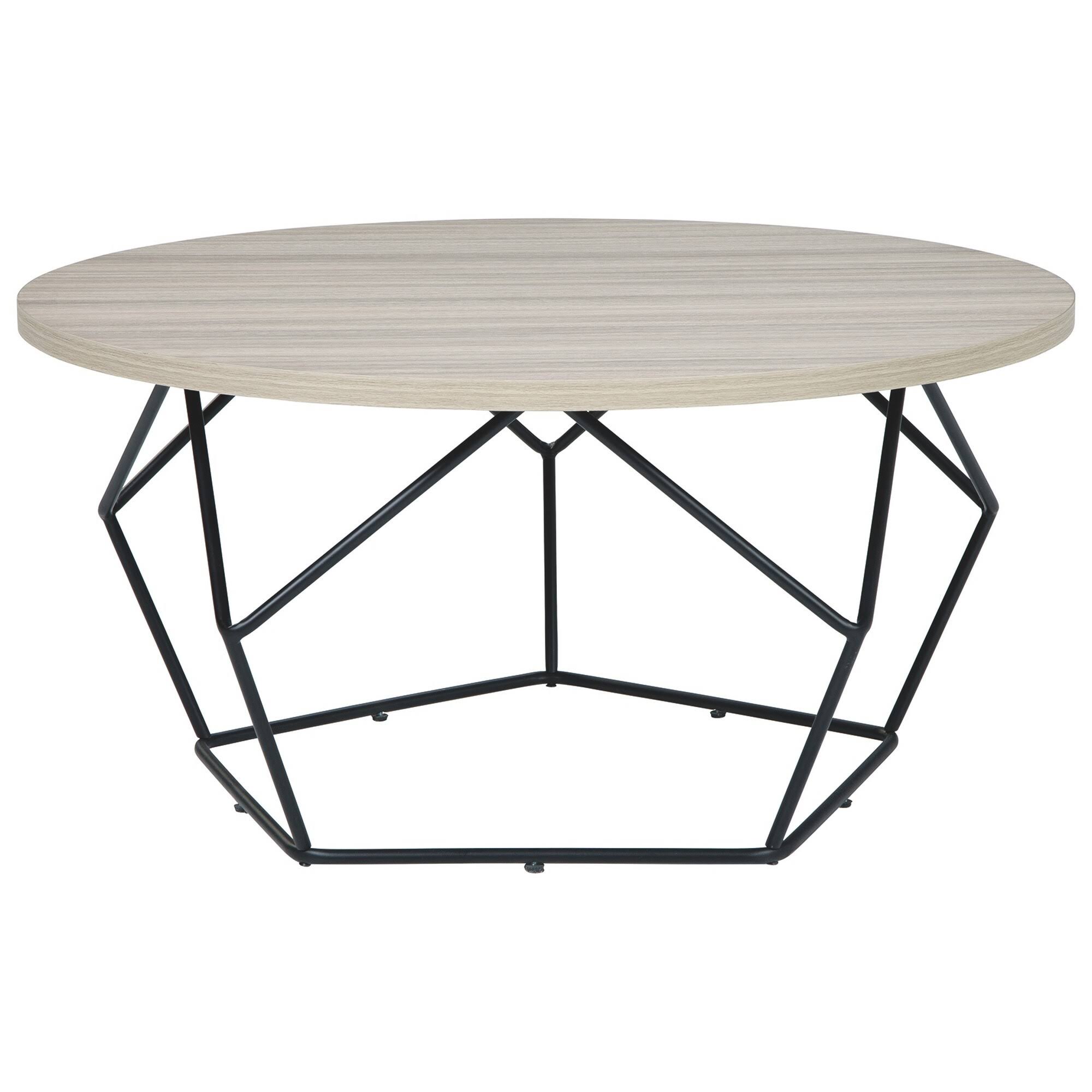 Wooden Top Round Cocktail Table with Open Geometric Base, Gray and Black