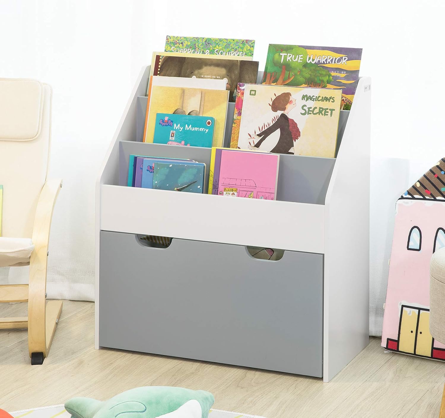 Haotian KMB17-HG, Children Kids Bookcase with Drawer and Wheels,Book Shelf Storage Display Rack Organizer Holder