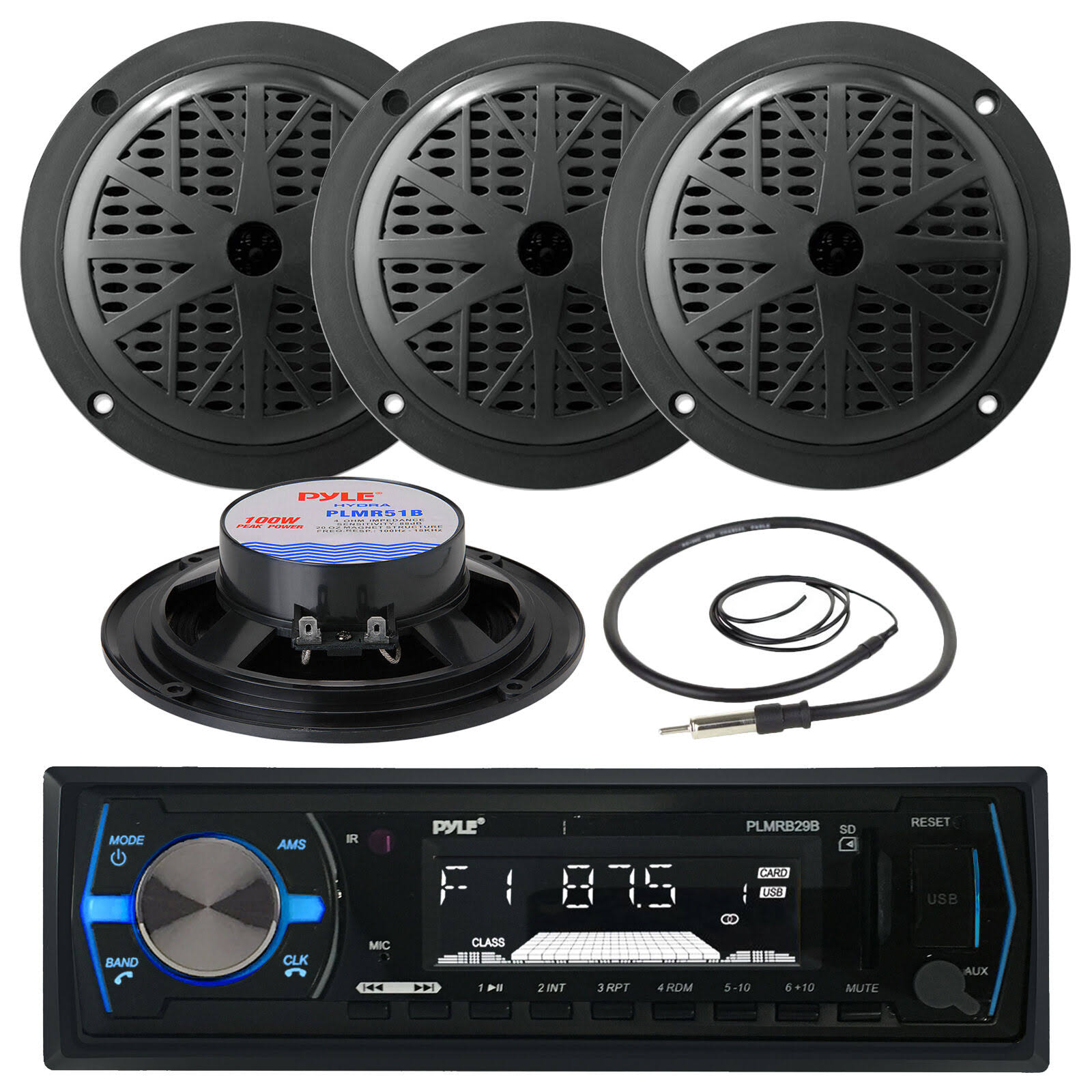 4 Pyle Black 5.25x22 Marine SpeakersAntennaPyle Black USB Am FM Aux Marine Radio (MPPK16079)