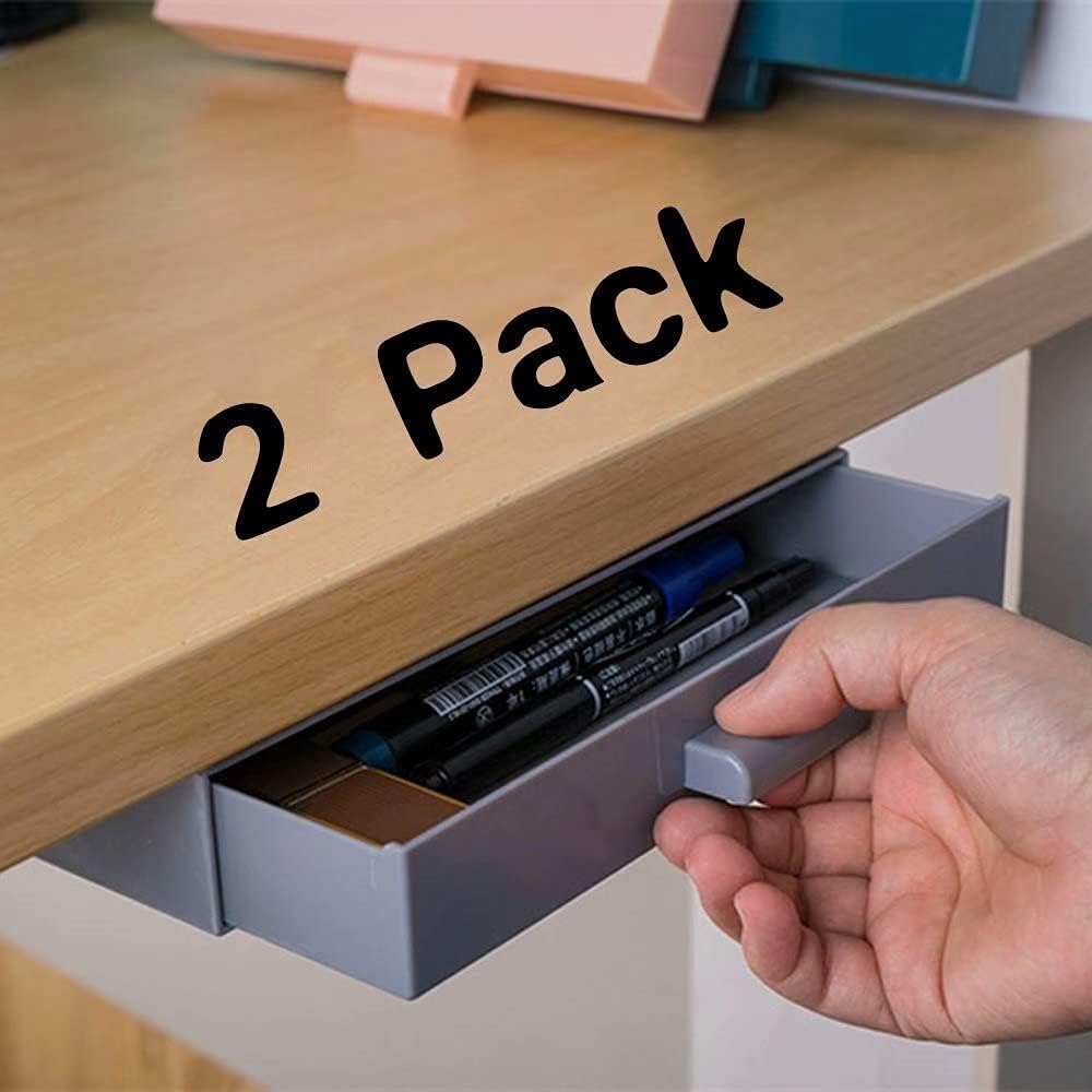 2 Pack Under Desk Drawer, Under Desk Storage Organizers, Small Under Table Organization Hidden Pencil Storage, Mini Plastic Under Desk Shelf Tray Great for Office School Home