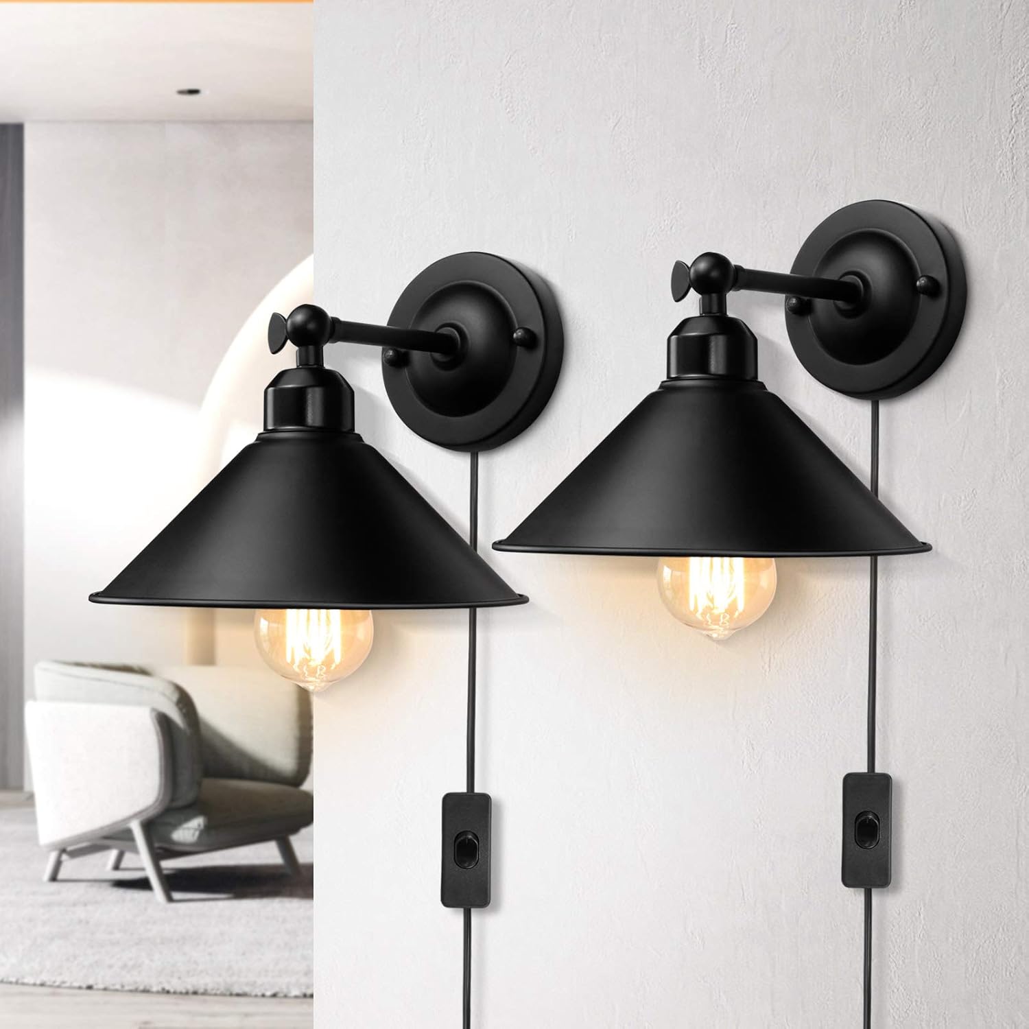 Plug in Wall Sconce, Black Wall Sconce, Antique Swing Arm Vintage Industrial Wall Light Fixture, Wall lamp with Plug in Cord On Off Switch E26 Base for Bedroom Bathroom Kitchen 2 Pack