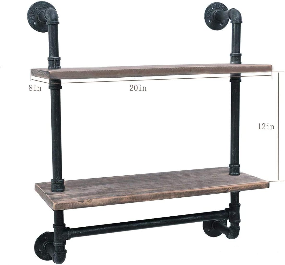 KKLE Industrial Pipe Shelf,Rustic Wall Shelf with Towel Bar,20 Towel Racks for Bathroom,Pipe Shelves Wood Shelf Shelving (2-Layer)