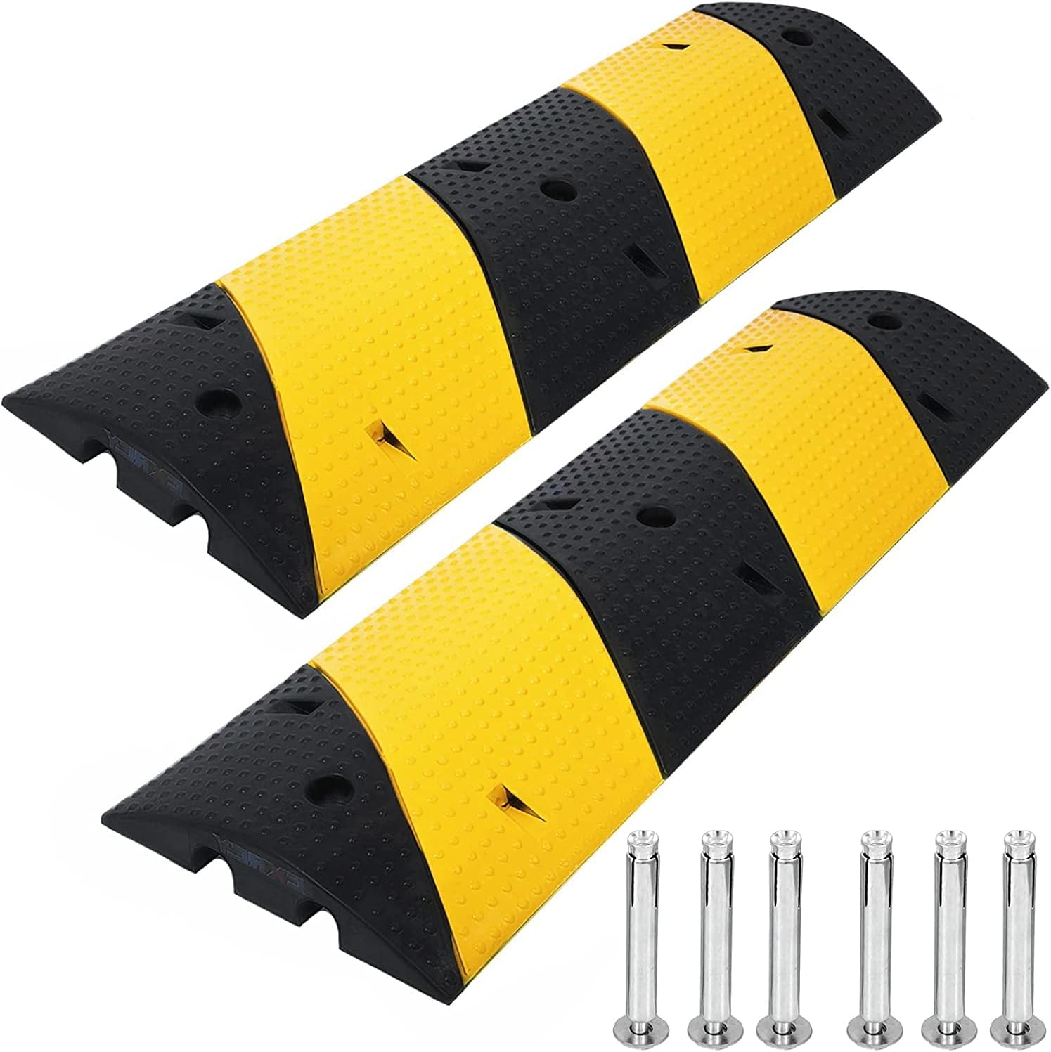 CXRCY 3FT Rubber Speed Bumps 2 Pack 2-Channel Modular Traffic Driveway Speed Bump Hump Heavy Duty Cable Protector Ramp with 6 Bolts for Asphalt Concrete Garage Gravel Roads (39.4